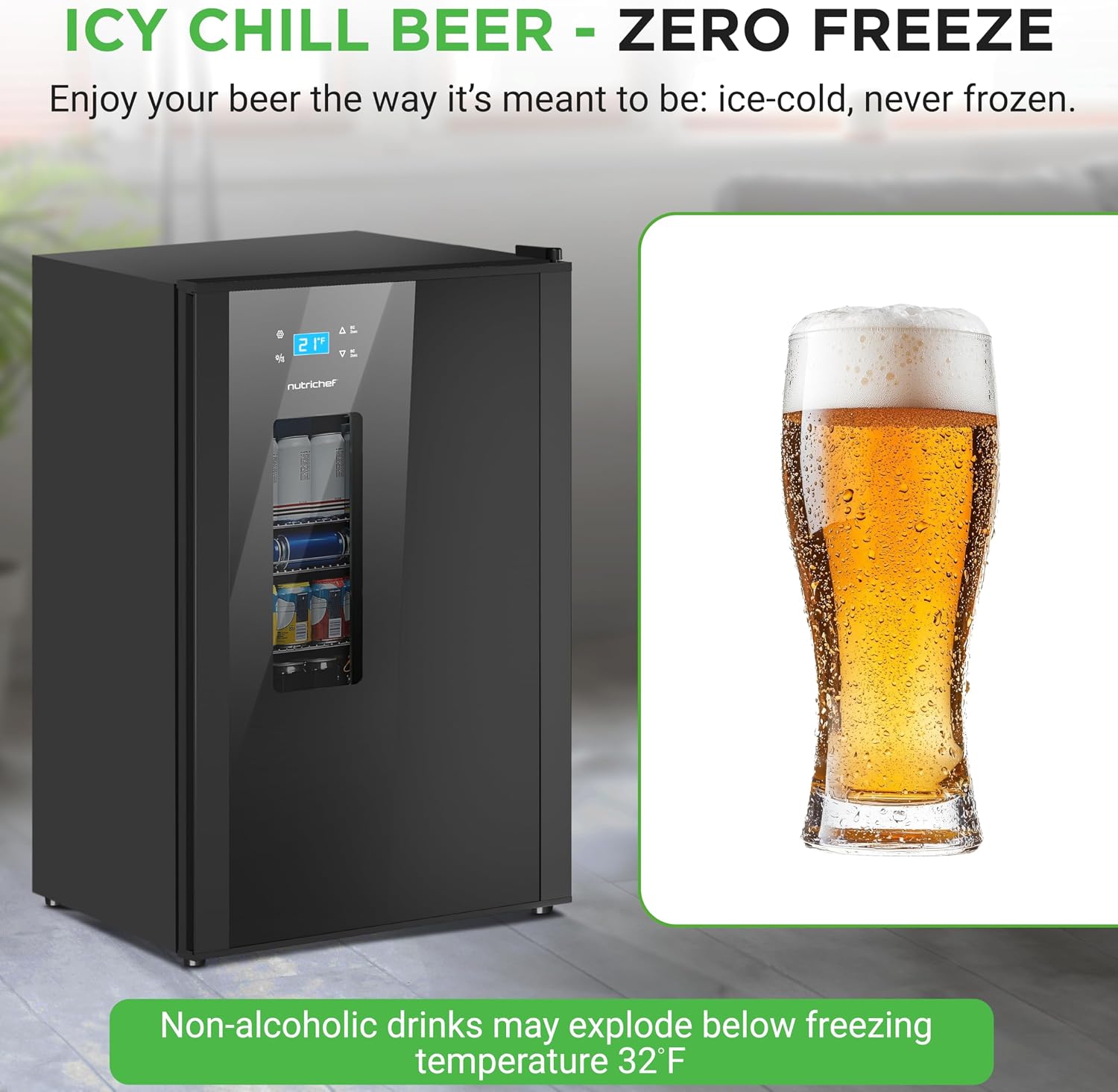 Nutrichef Beer Fridge 108 Can Capacity | Freestanding Beverage Refrigerator with Glass Door for Beer & Soda | Adjustable Temperature 21°F to 64°F | Adjustable Shelves | 19 x 17 x 33 IN | Black