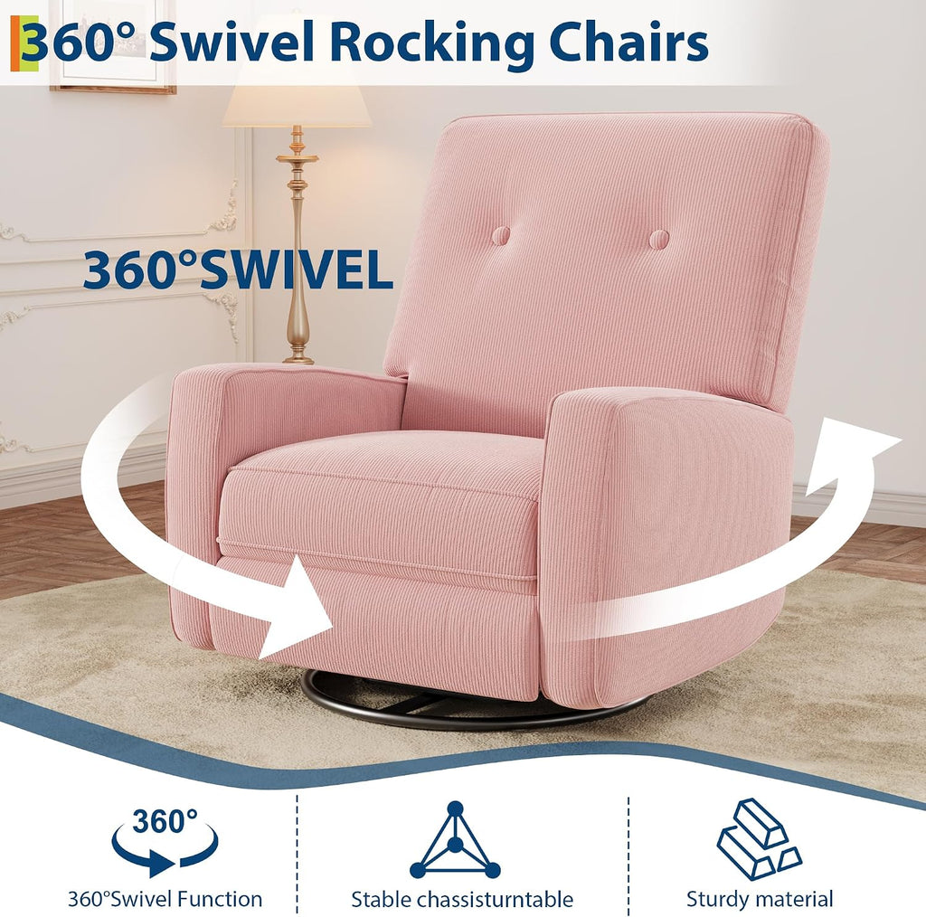 IDEALHOUSE Recliner Chair, 360° Swivel Rocking Glider Chair for Adults with Adjustable Backrest & Footrest, Cozy Corduroy Upholstered Armchair for Living Rooms, Bedrooms, Apartments, Pink
