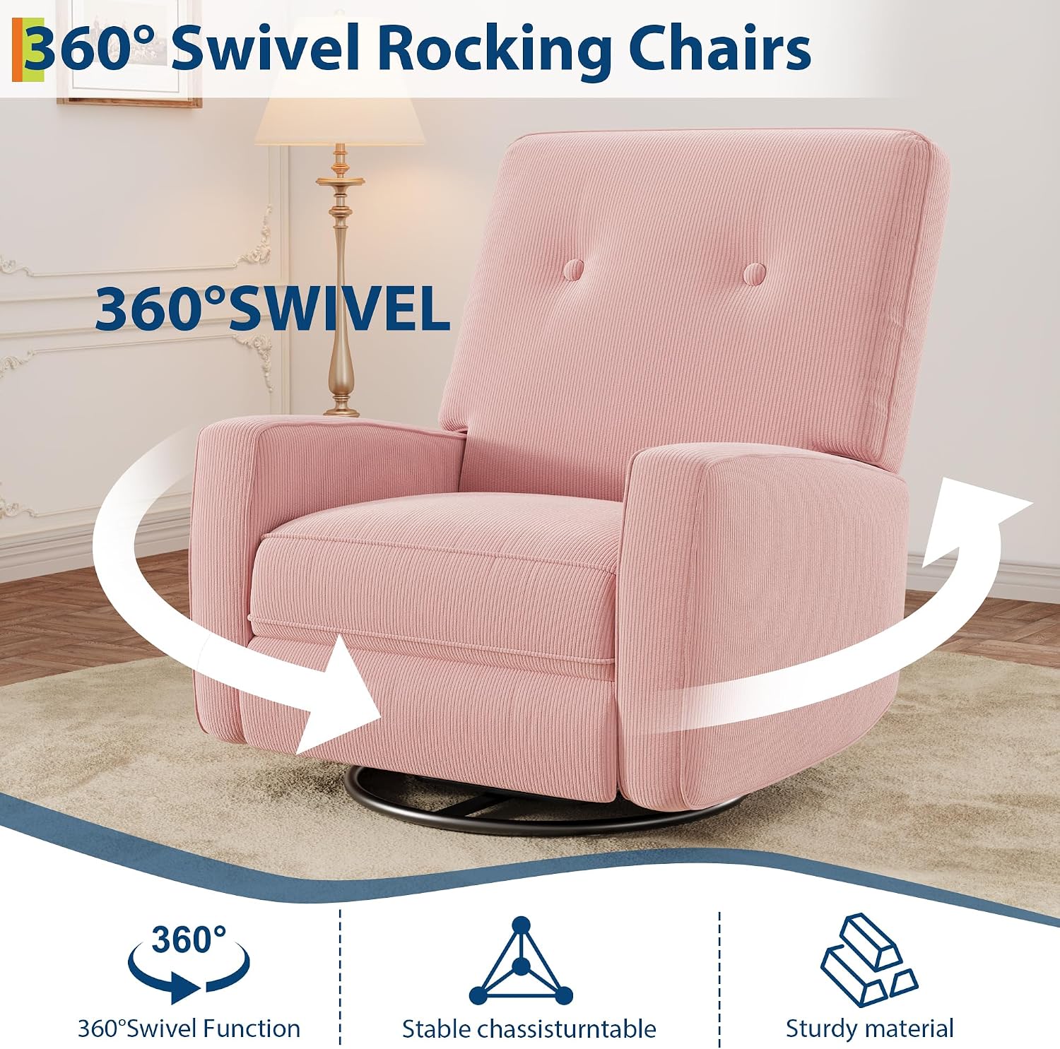 IDEALHOUSE Recliner Chair, 360° Swivel Rocking Glider Chair for Adults with Adjustable Backrest & Footrest, Cozy Corduroy Upholstered Armchair for Living Rooms, Bedrooms, Apartments, Pink