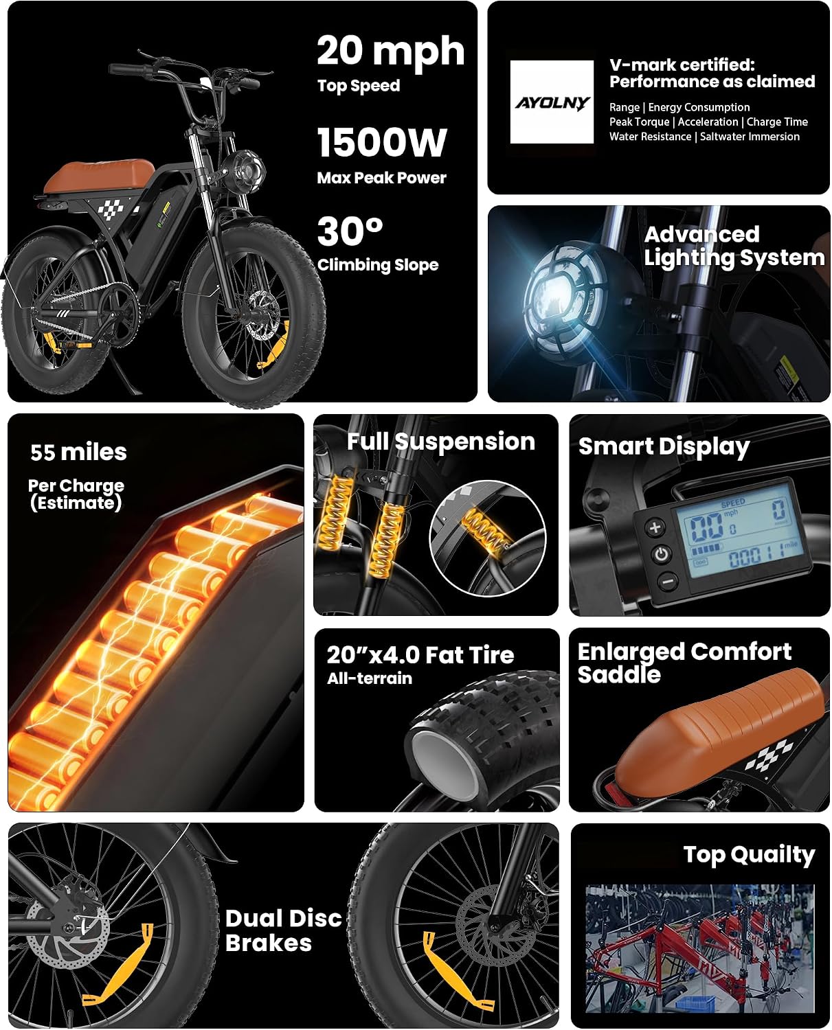Electric Bike for Adults Teens, 1500/1000W Peak Motor Retro Electric Dirt Bike 55 Miles Pas Range, 20/16' Fat Tire 20MPH Full Suspension Banana Seat Ebikes with Pump, All-Terrain