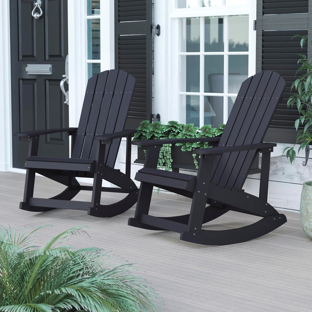 Flash Furniture Savannah Poly Resin Wood Adirondack Rocking Chair - All Weather Black Polystyrene - Stainless Steel Hardware - Set of 2