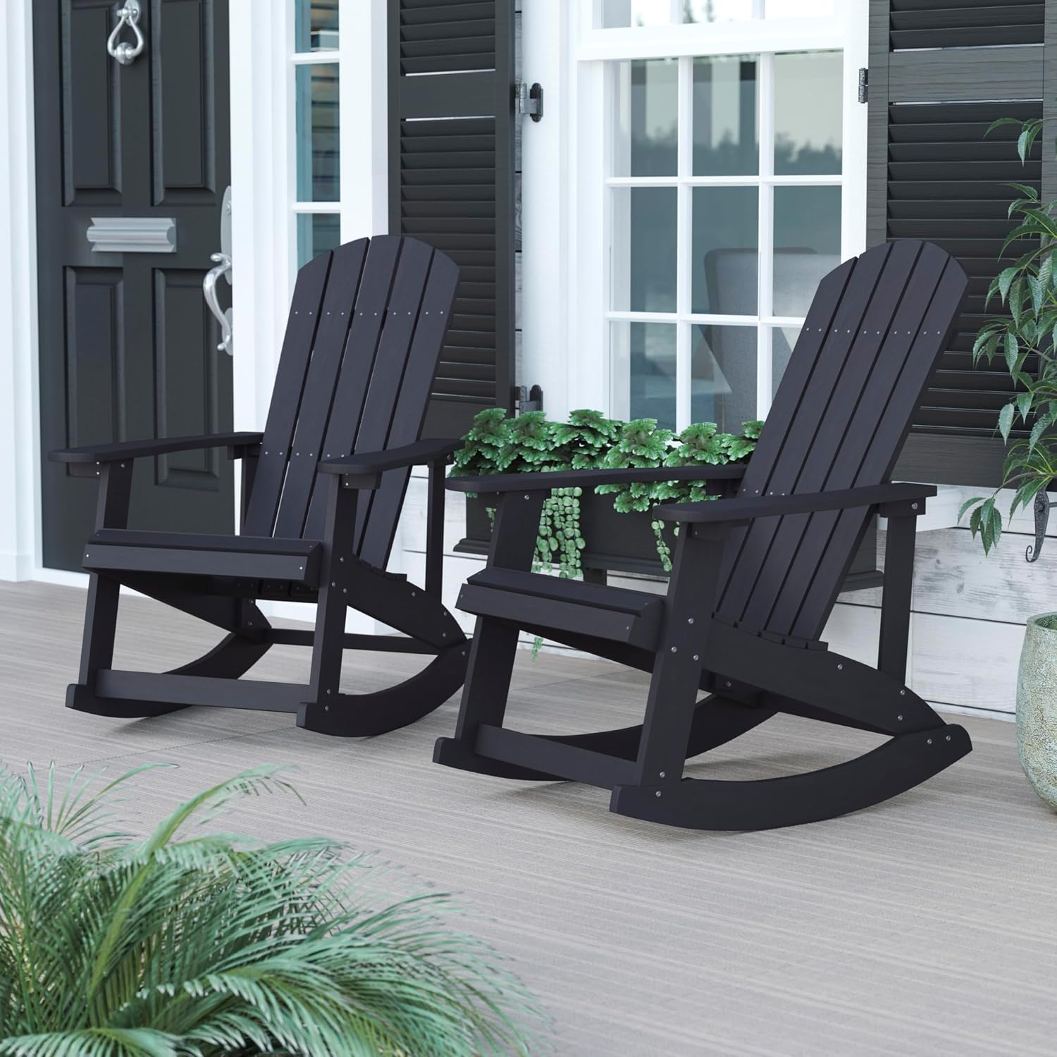 Flash Furniture Savannah Poly Resin Wood Adirondack Rocking Chair - All Weather Black Polystyrene - Stainless Steel Hardware - Set of 2
