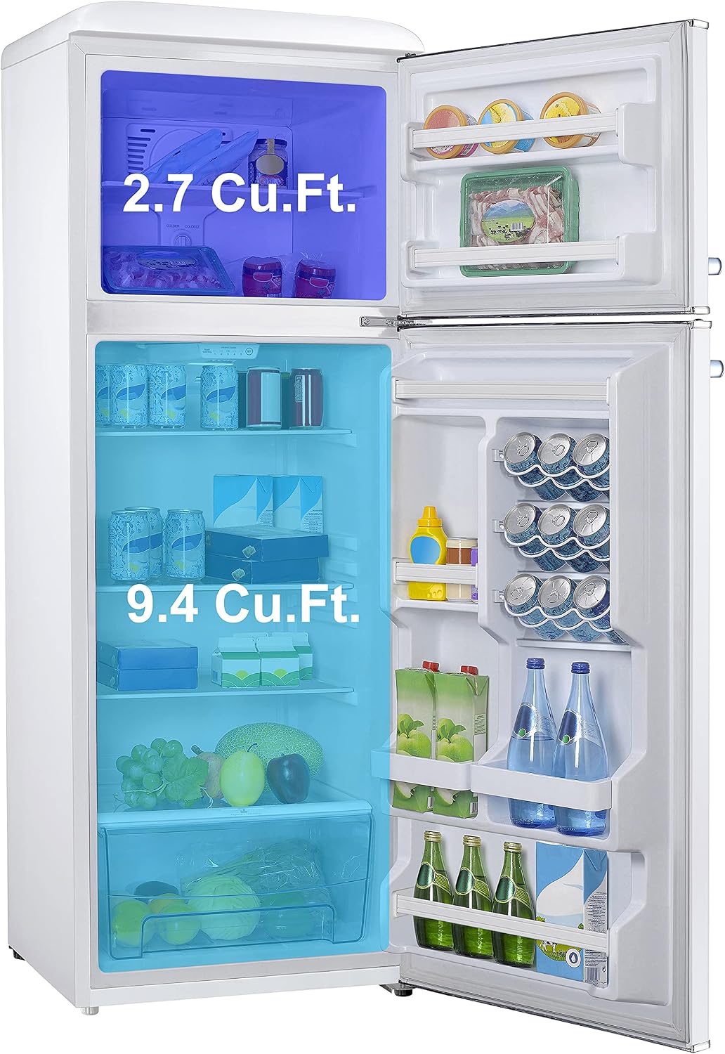 Galanz GLR12TBEEFR Refrigerator, Dual Door Fridge, Adjustable Electrical Thermostat Control with Top Mount Freezer Compartment, Retro Blue, 12.0 Cu Ft (White)