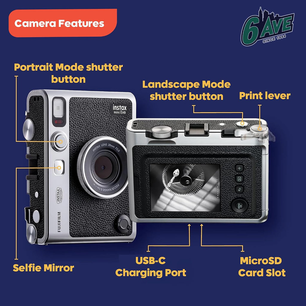 Fujifilm Instax Mini EVO Hybrid Instant Camera (Brown) Bundle with Instax-Mini Twin Pack Instant-Film 40 Sheets + 32GB Memory Card + Vintage Brown Mini-Evo Camera Case + Cleaning Cloth