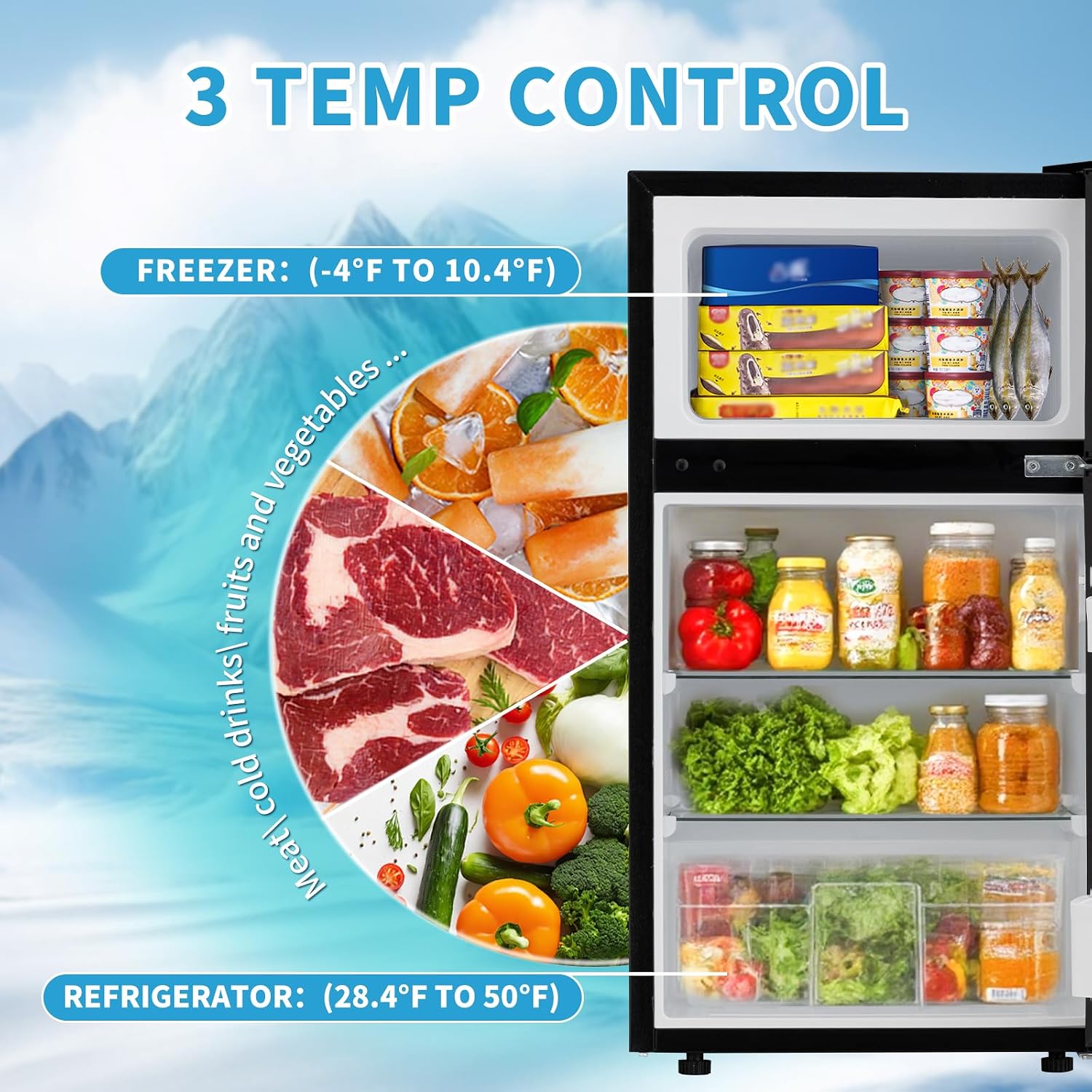 3.2 Cu.Ft Mini Fridge with Freezer, Double Door Small Refrigerator, Dorm Fridge with 3 Adjustable Thermostat, Energy Saving, Low Noise, Compact Refrigerator for Office, Bedroom, Dorm, Black