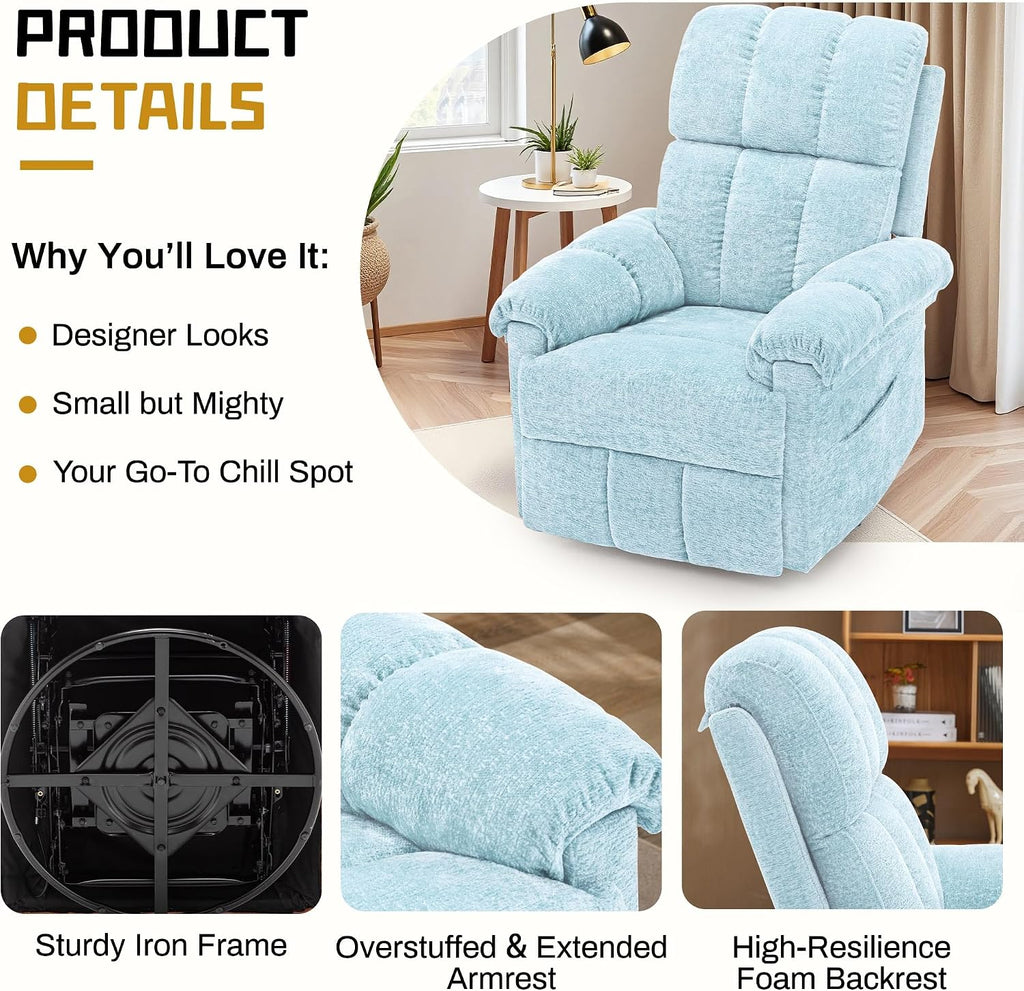 Korser Recliner Chair, Swivel Rocker Recliner Chair for Adults, Small Recliners for Small Spaces, Manual Recliner with Side Pockets, Upholstered Nursery Rocking Chair for Living Room, Chenille, Blue