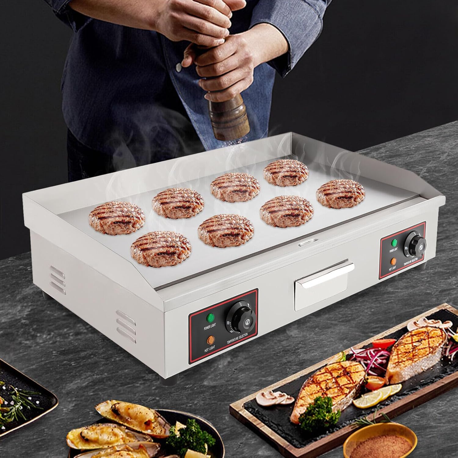30' Commercial Electric Griddle, 110V 3000W Electric BBQ Countertop Griddle Flat Top Grill Hot Plate Adjustable Thermostatic Control Stainless Steel Restaurant Grill for Kitchen