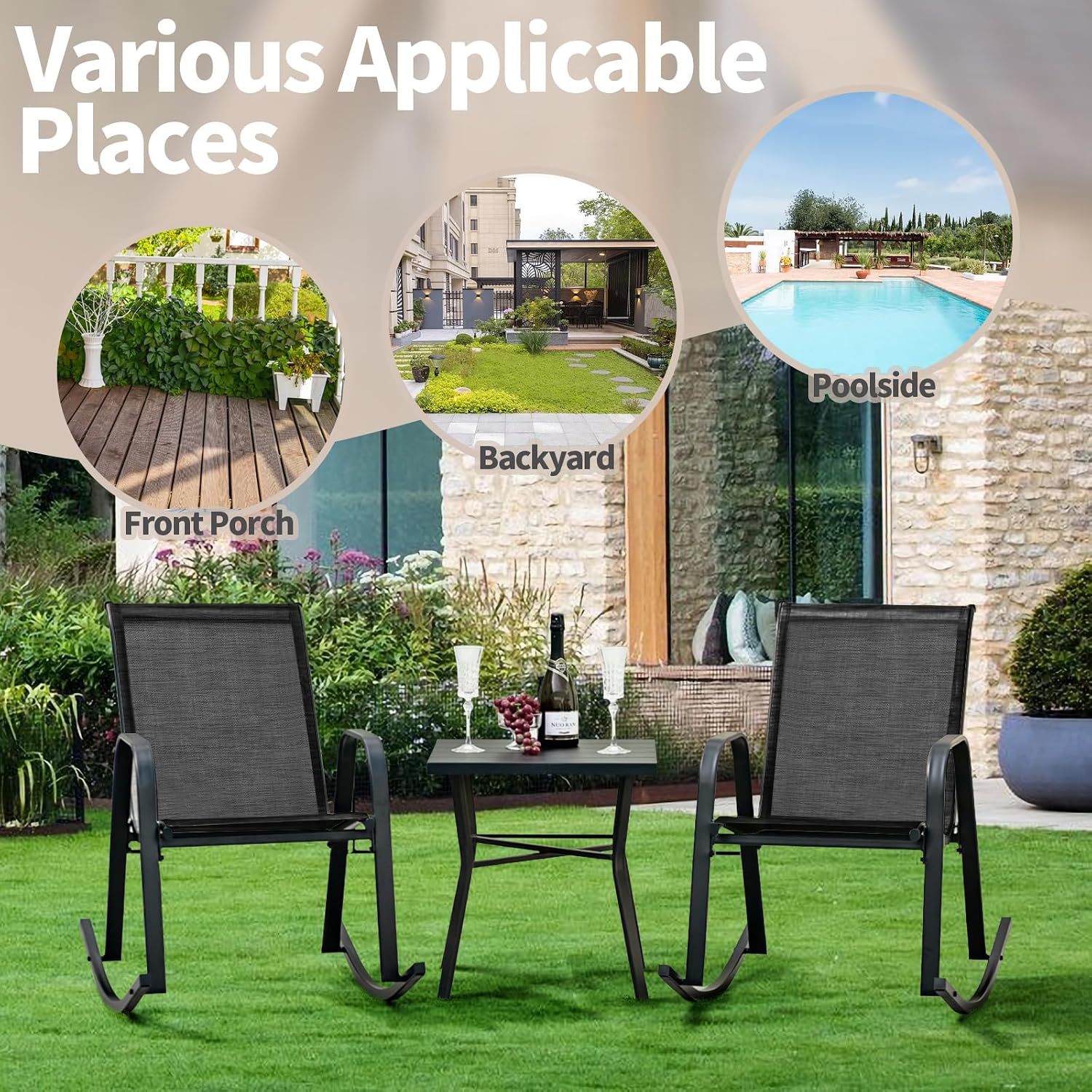 Tangkula Patio Rocking Chair Set of 4, Outdoor Ergonomic Rockers with Breathable Fabric Seat, Gentle Rocking Function, Sturdy Metal Rocker for Front Porch, Backyard, Garden