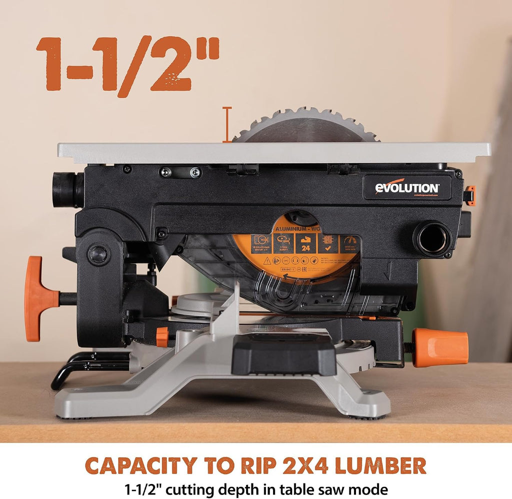 Evolution R8MTS 8-1/4' Convertible Miter/Table Saw - Multi-Function Saw - 0-45° Bevel & +/- 45° Miter - Multi-Material Cutting: Wood, Plastic, Metal - Compact, Powerful 12A Motor - TCT Blade Incl