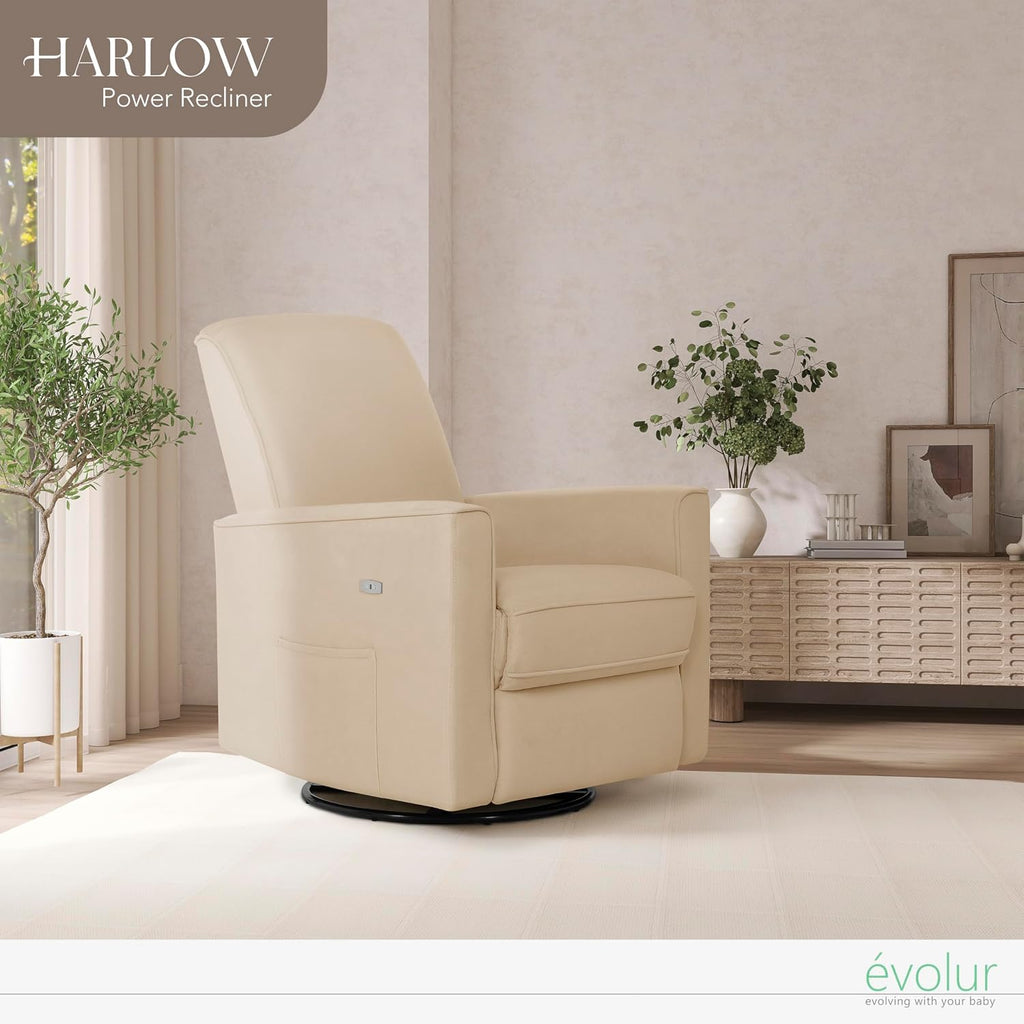 Evolur Harlow Upholstered Power Glider Recliner with USB Charging – Rocking & 275° Swivel with Smooth Glide – Greenguard Gold & FSC Certified – Modern Nursery and Living Room Chair in Tan