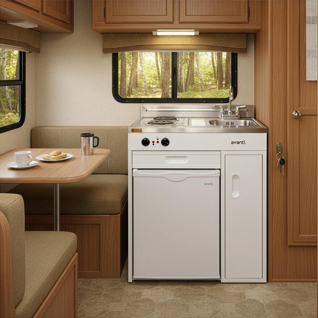 Avanti CK3016 Energy Star Certified Full Compact Kitchen, Built in Kitchenette Stainless Steel Counter, Two Element Cooking Range, Refrigerator & Storage, 30-Inch, White