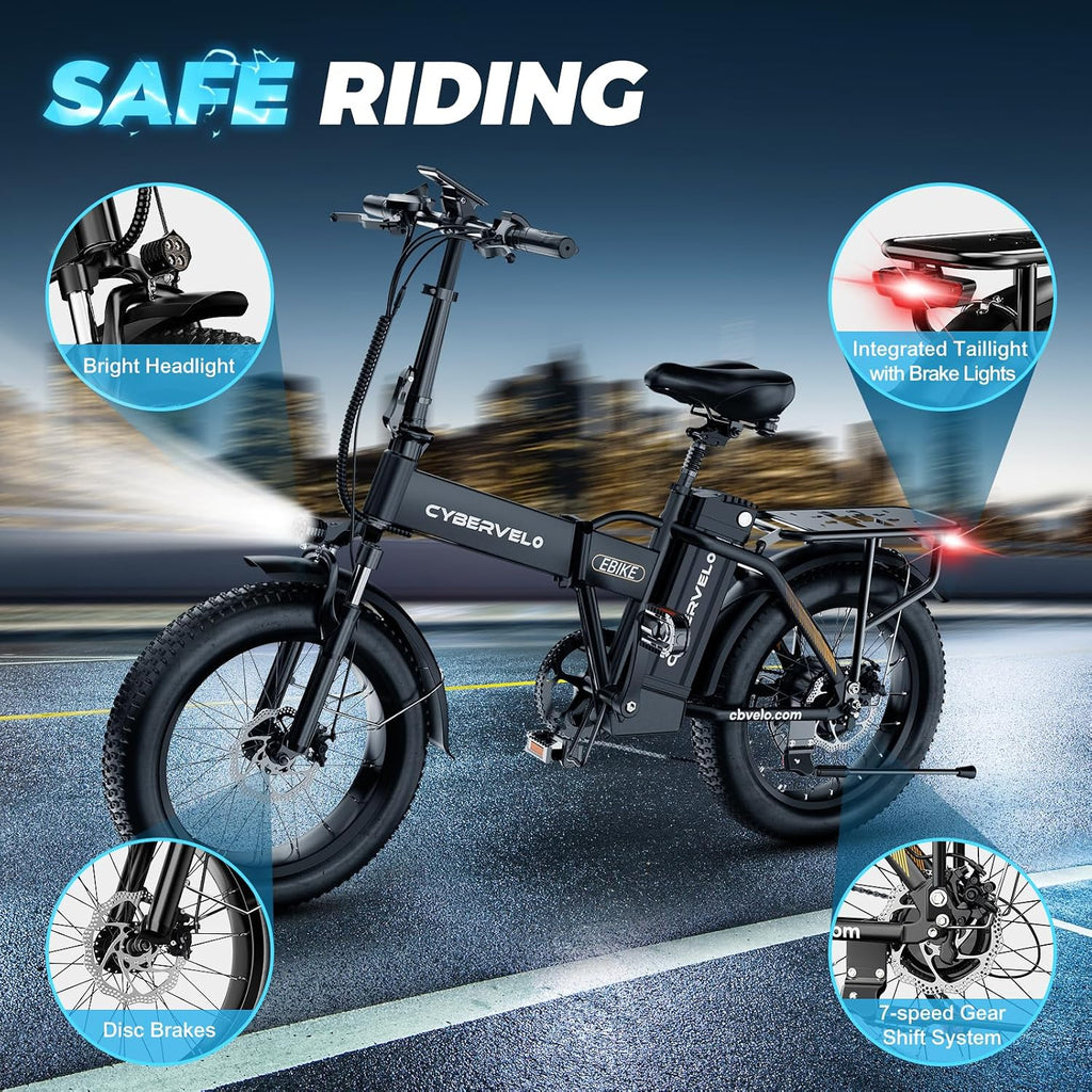 YorkE 1000W Folding Electric Bike, 48V 20AH Large Removable Battery E Bike, 30+MPH, 80 Miles Max Range, 20' Fat Tire Electric Bike for Adults, Adult Electric Bicycles for Commute, 7-Speed