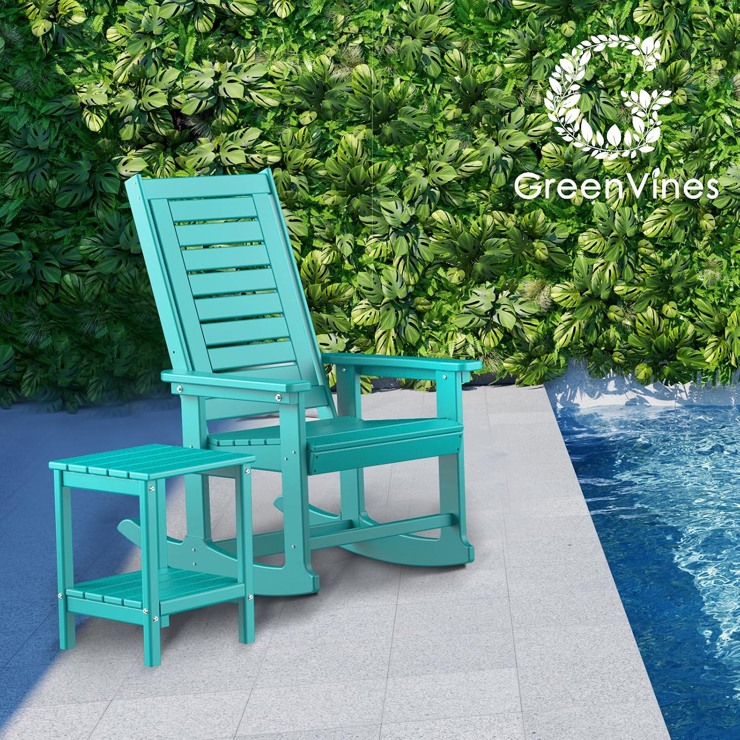GREENVINES Outdoor Rocking Chairs | Set of 2 | Porch Rocker | HDPE Plastic | Aqua | Oversized Rockers | High Back | Big & Tall | Ladder Back | for Patio Outside Backyard Balcony Garden
