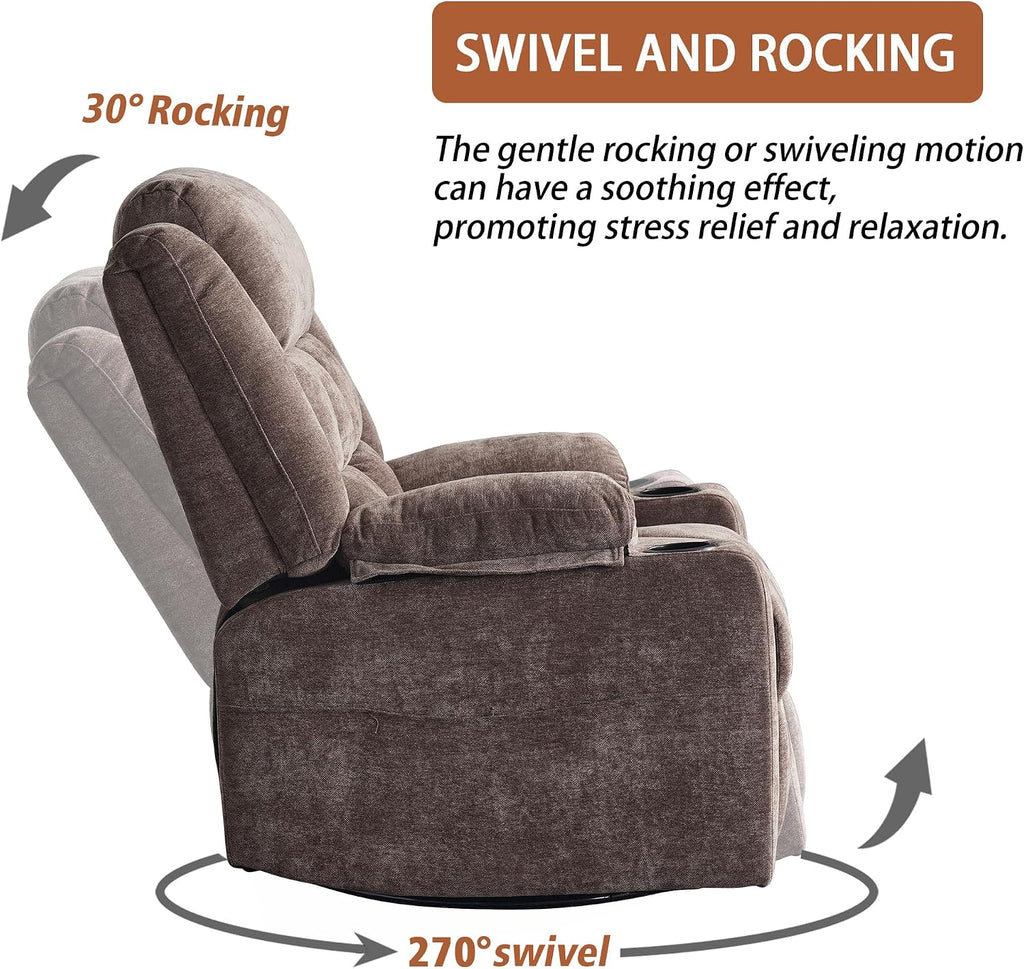 Ketaiyou Power Swivel Rocker Recliner Chair for Adults with Massage and Heat, USB and Type-C Ports, Infinite Position, Electric Glider Reclining Single Sofa Chair for Living Room (Coffee New)