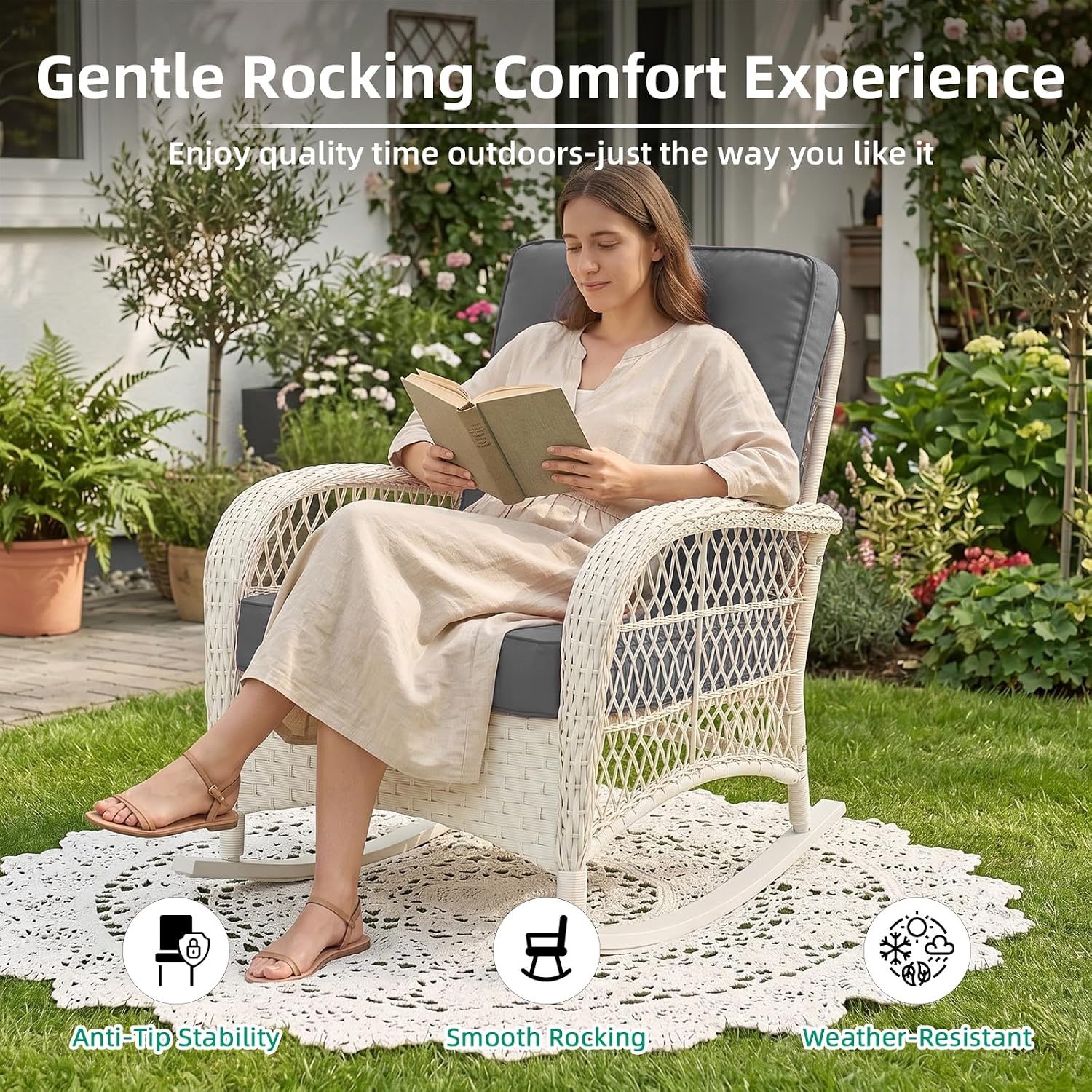 VIVIJASON Outdoor Wicker Rocking Chair, Patio Rattan Rocker Chair with Cushions & Steel Frame, All-Weather Rocking Lawn Furniture for Garden Backyard Porch, Cream White/Grey
