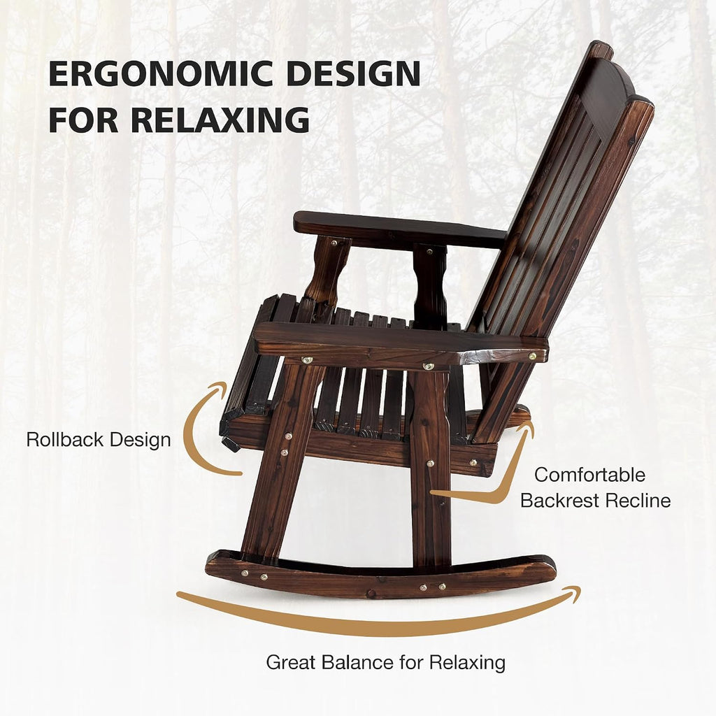 Fortune Candy Wooden Patio Rocking Chair with Comfortable Backrest Inclination, High Backrest and Deep Contoured Seat, Solid Fir Wood, Heavy Duty 600 LBS (Chocolate Tone, 1 Piece)