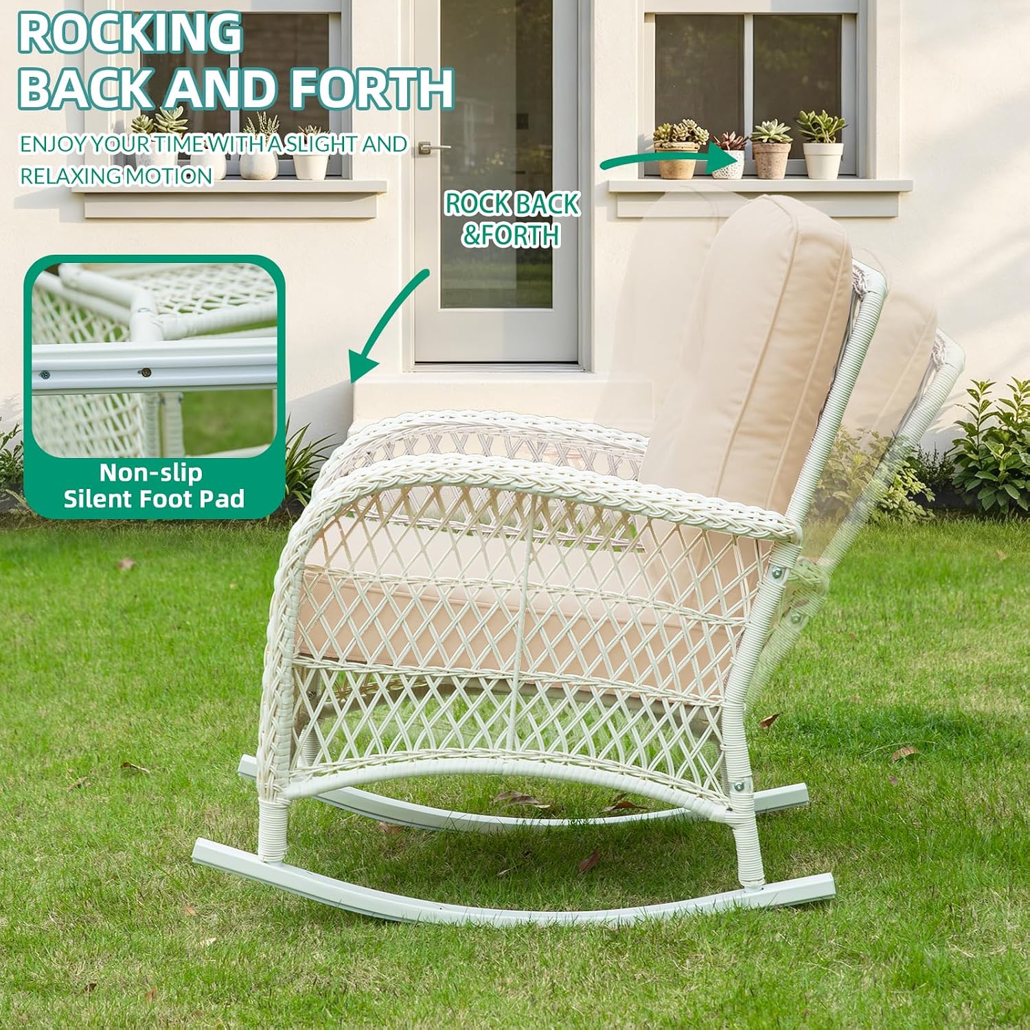 VIVIJASON Outdoor Wicker Rocking Chair, Patio Rattan Rocker Chair with Cushions & Steel Frame, All-Weather Rocking Lawn Furniture for Garden Backyard Porch, Cream White/Beige
