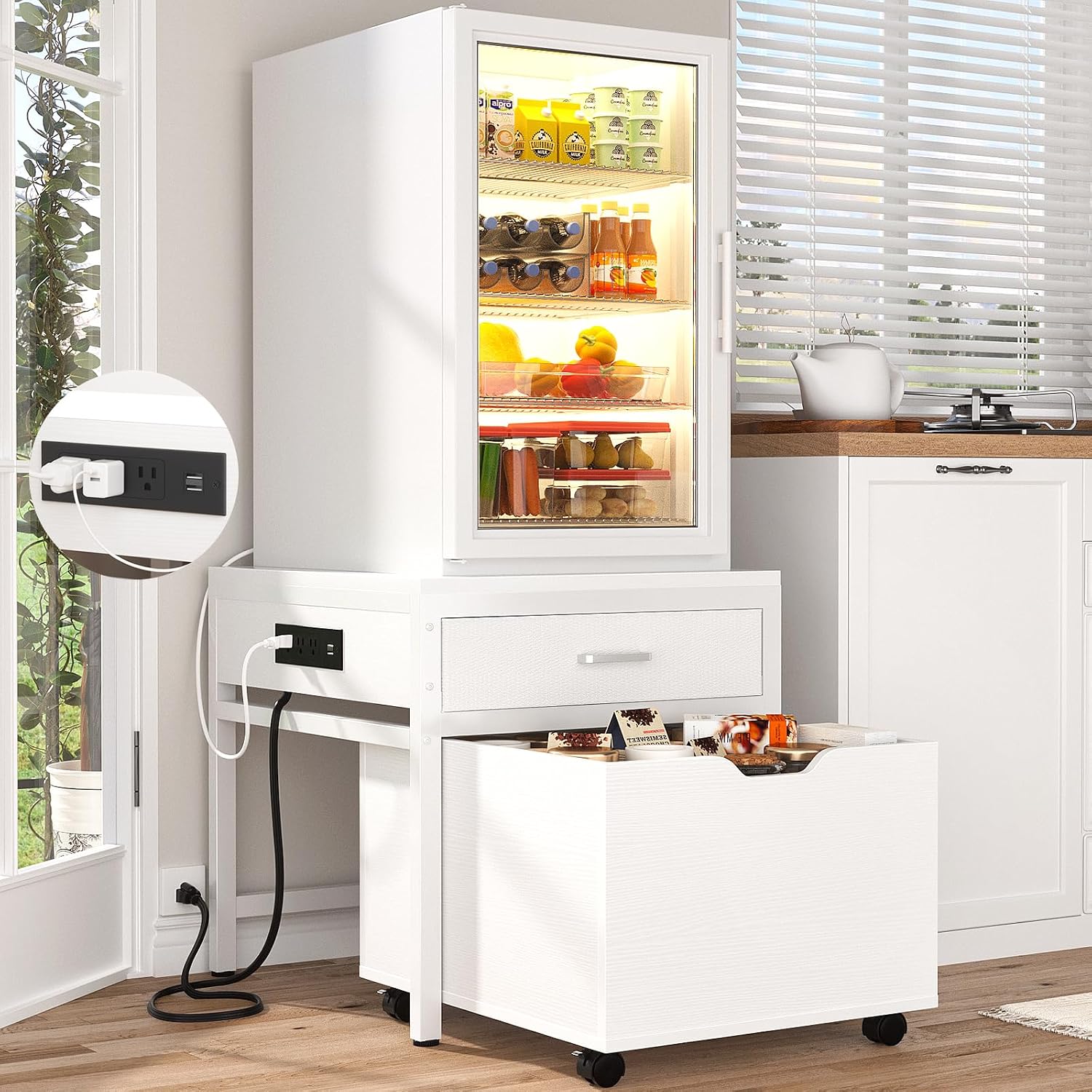 Unikito Mini Fridge Stand with Drawer Storage and Sockets, Heavy Duty Small Refrigerator Stand Cart for Dorm, Apartment, Office, Bedroom, Mini Fridge and Microwave Stand, Hold 300LBS, White
