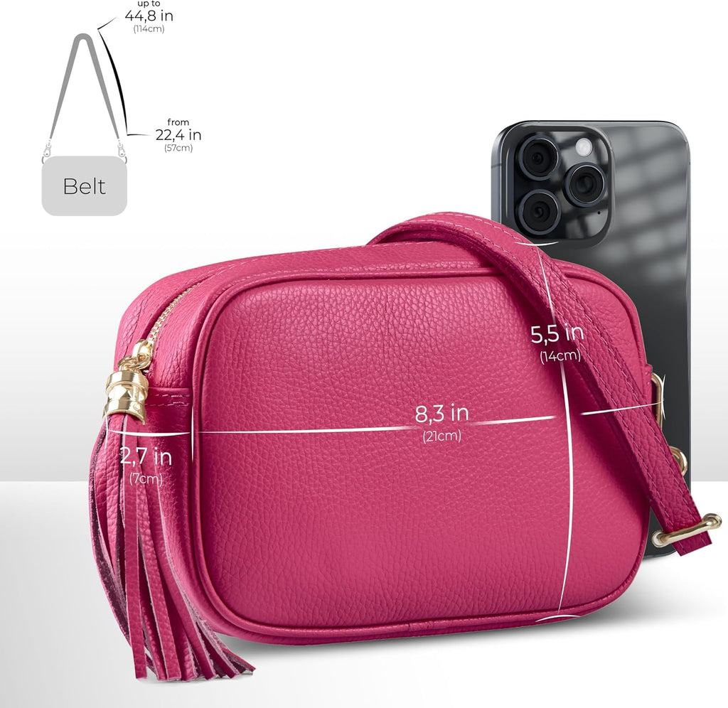 Italian Calf Leather Crossbody Bag for Women with Tassel Zipper | Small Camera Purse Shoulder Handbag Pocketbook