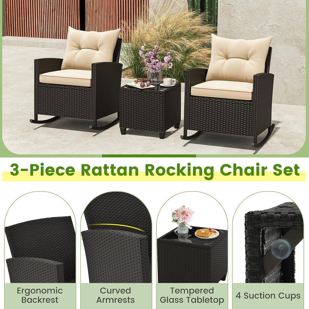 Tangkula 3 Piece Wicker Rocking Set, Patio Rattan Roker Chairs with Tempered Glass Table & Soft Cushions, Outdoor Furniture Set for Backyard, Poolside Porch (Beige)