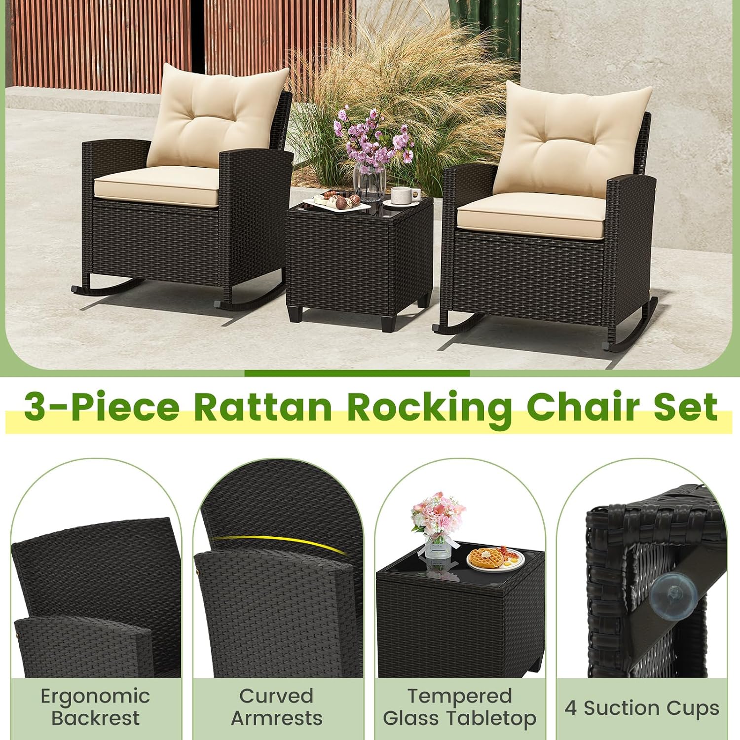 Tangkula 3 Piece Wicker Rocking Set, Patio Rattan Roker Chairs with Tempered Glass Table & Soft Cushions, Outdoor Furniture Set for Backyard, Poolside Porch (Beige)
