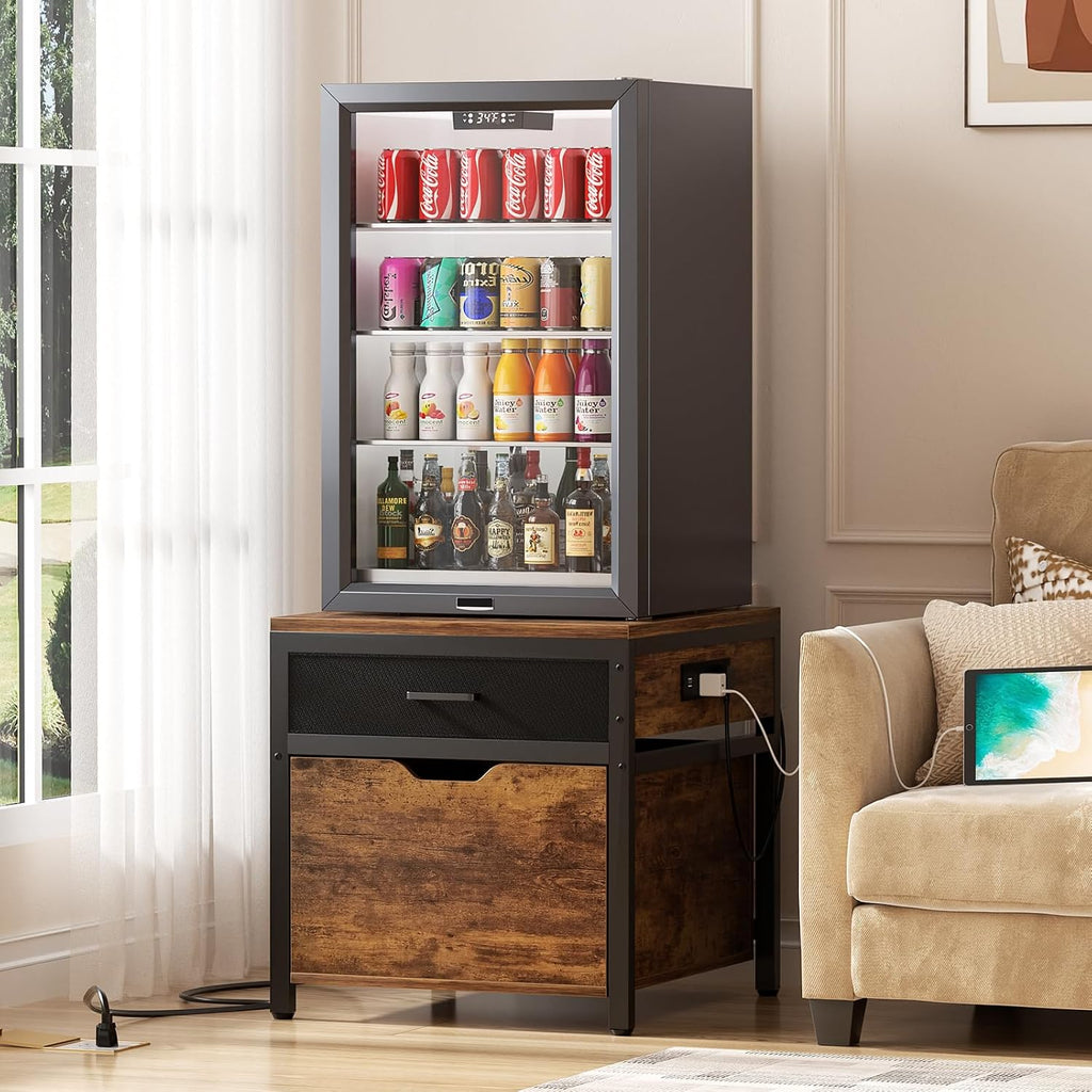 Unikito Mini Fridge Stand with Drawer Storage and Sockets, Heavy Duty Small Refrigerator Stand Cart for Dorm, Apartment, Office, Bedroom, Mini Fridge and Microwave Stand, Hold 300LBS, Rustic Brown