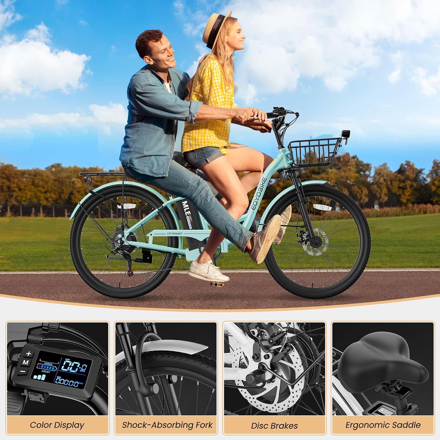 MOONCOOL Electric Bike for Adults, 700W Peak Power 7 Speed Step Through Electric Cruiser Bike, 40 Miles Electric Bicycle with 36V 10.4Ah Battery, Aluminum Frame City Commuter E Bikes for Women, Men
