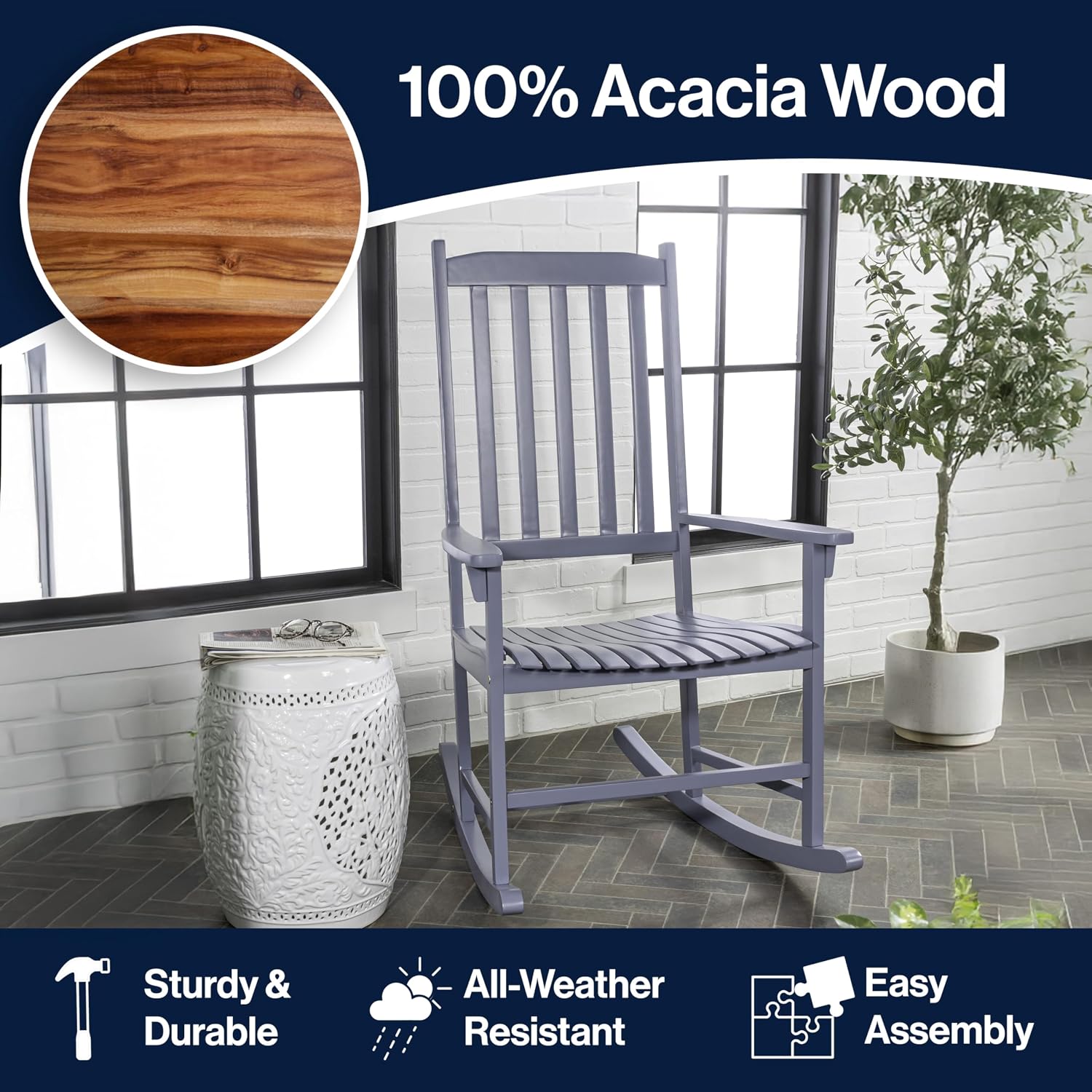 JONATHAN Y RCK300F Seagrove Farmhouse Classic Slat-Back 350-LBS Support Acacia Wood Outdoor Rocking Chair Traditional, Coastal, Cottage, Vintage, Shabby Chic, Cashmere Blue