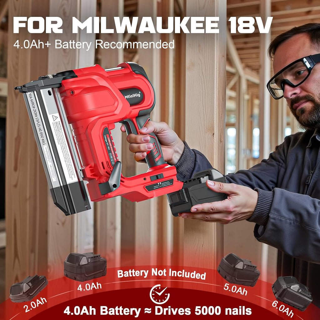 MtiolHig Cordless 2' Brad Nailer Compatible with Milwaukee Battery(No Battery), 2-in-1 Electric Nail Gun/Staple Gun, 18 Gauge Nail Gun Battery Powered with 1000 Nails for Wood Carpentry, 7.2LB