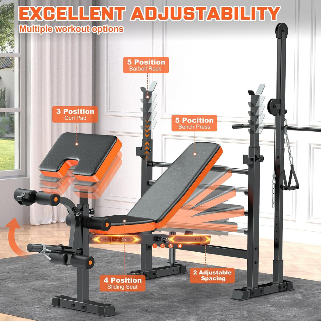 9-in-1 Adjustable Olympic Weight Bench with Lat Pulldown, Row, Squat Rack & Leg Curl – Multi-Function Strength Training Bench Press for Home Gym Full Body Workout