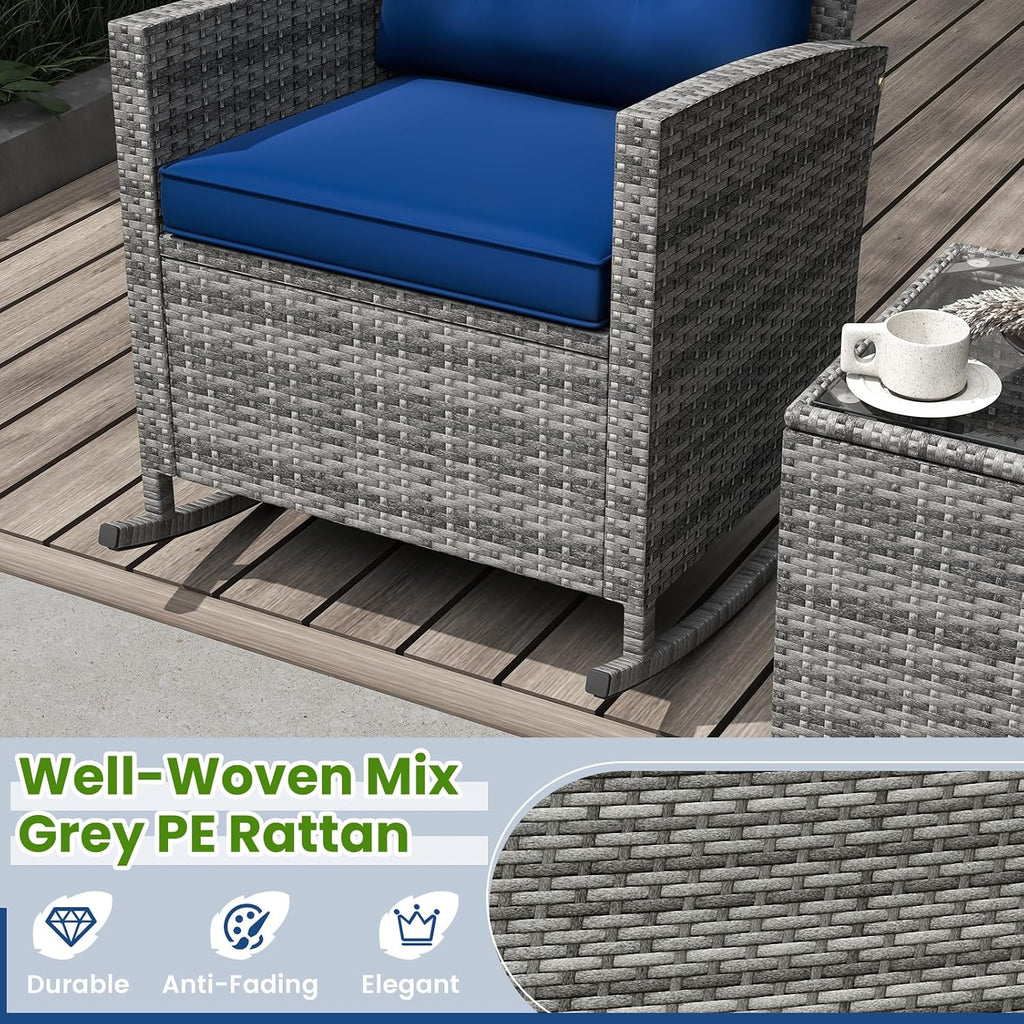 Tangkula 3 Piece Wicker Rocking Set, Patio Rattan Roker Chairs with Tempered Glass Table & Soft Cushions, Outdoor Furniture Set for Backyard, Poolside Porch (Mix Gray & Navy)