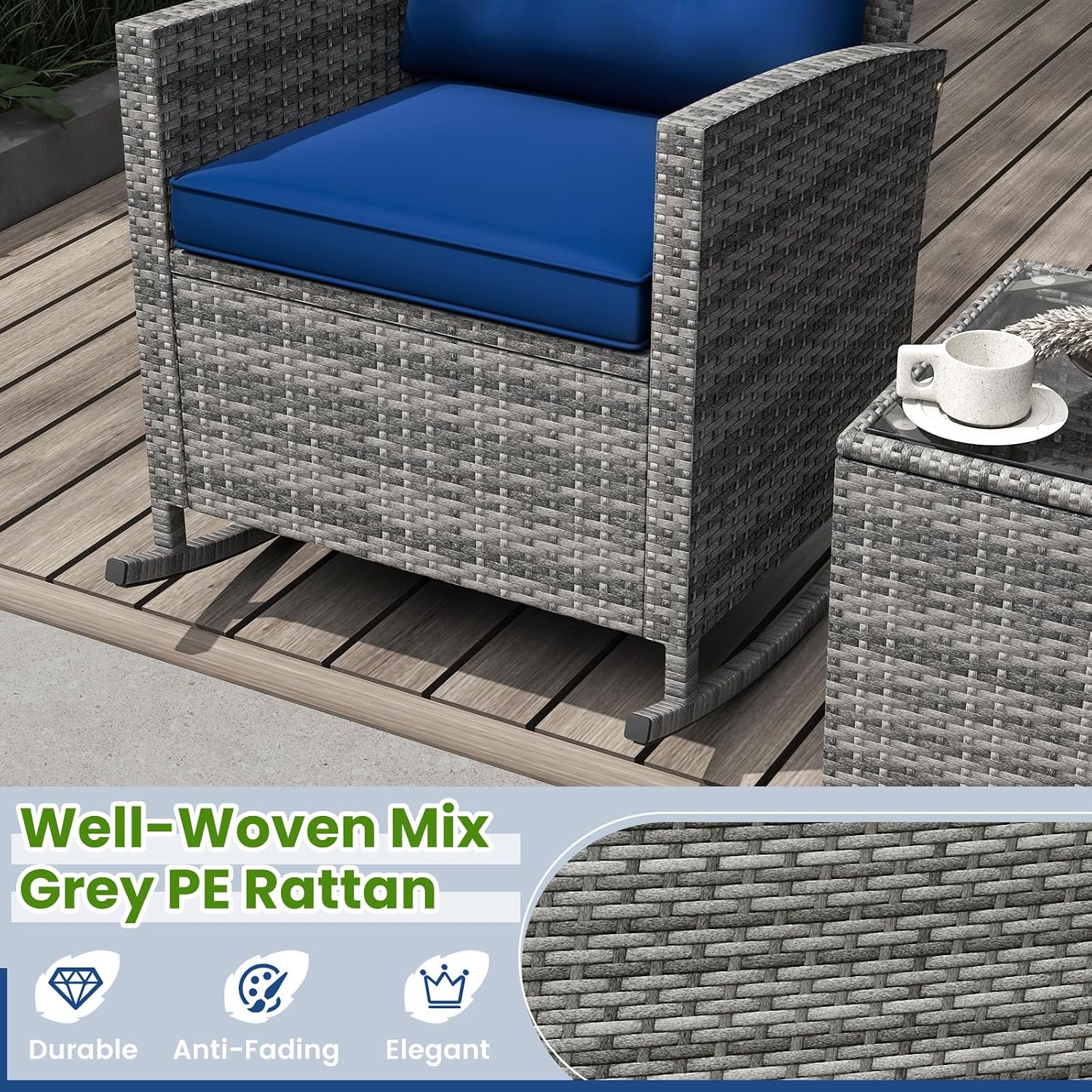 Tangkula 3 Piece Wicker Rocking Set, Patio Rattan Roker Chairs with Tempered Glass Table & Soft Cushions, Outdoor Furniture Set for Backyard, Poolside Porch (Mix Gray & Navy)