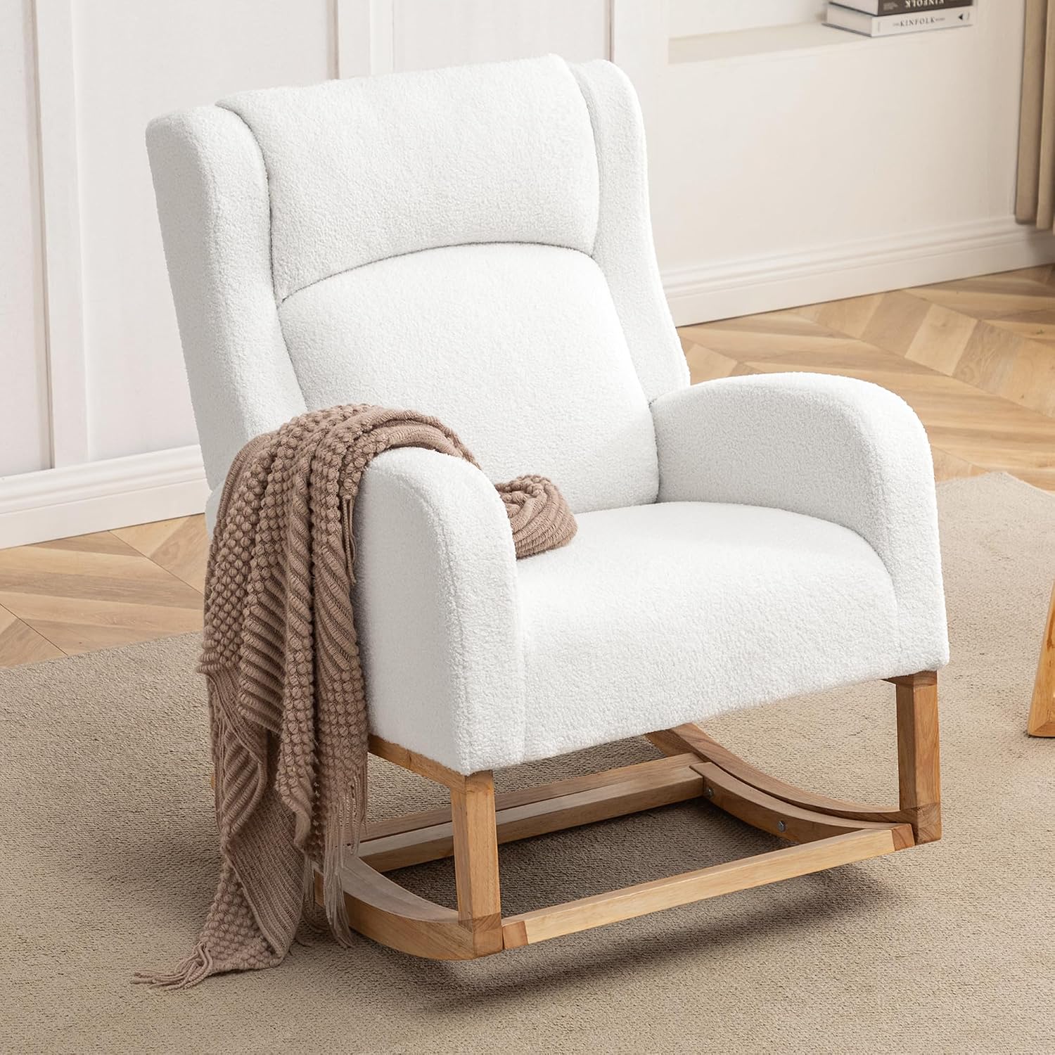 HCHAIRH Rocking Chair Nursery, Nursing Rocking Chairs for Mom Nursery, Comfy Wingback Glider Rocking Armchair with Foot Rest and Side Pocket for Nursery Living Room Bedroom, Teddy White