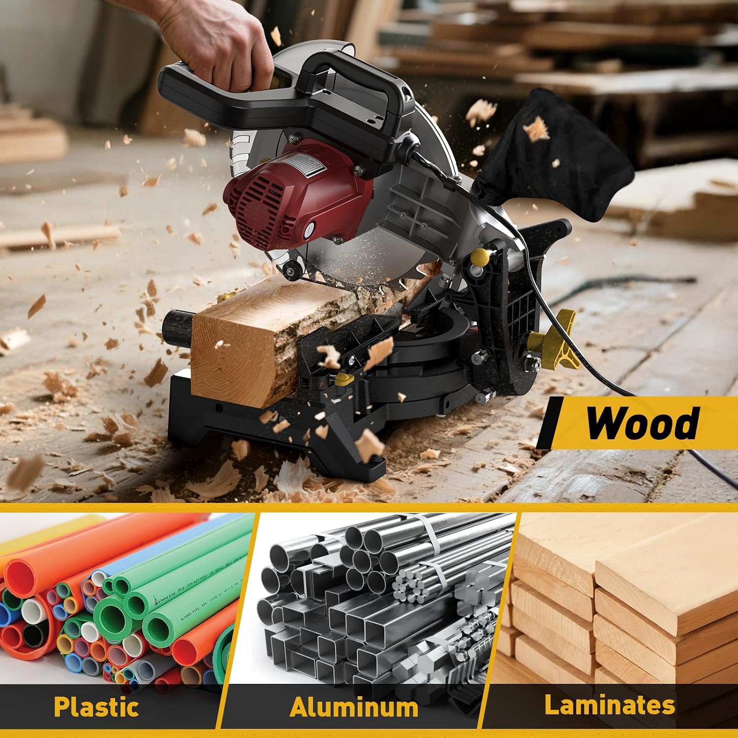 10-inch Compound Miter Saw, 5000RPM, 15 Amp, Single Bevel 0-45° with Extension Table, 36T Blade, Power Saw for Metal, Plastic, Wood, Laminates