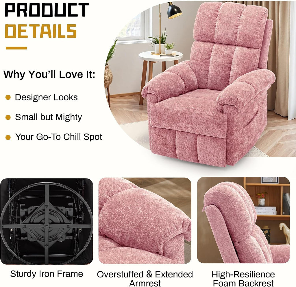 Korser Recliner Chair, Swivel Rocker Recliner Chair for Adults, Small Recliners for Small Spaces, Manual Recliner Chair with Side Pockets, Nursery Rocking Chair for Living Room, Chenille, Rose Pink