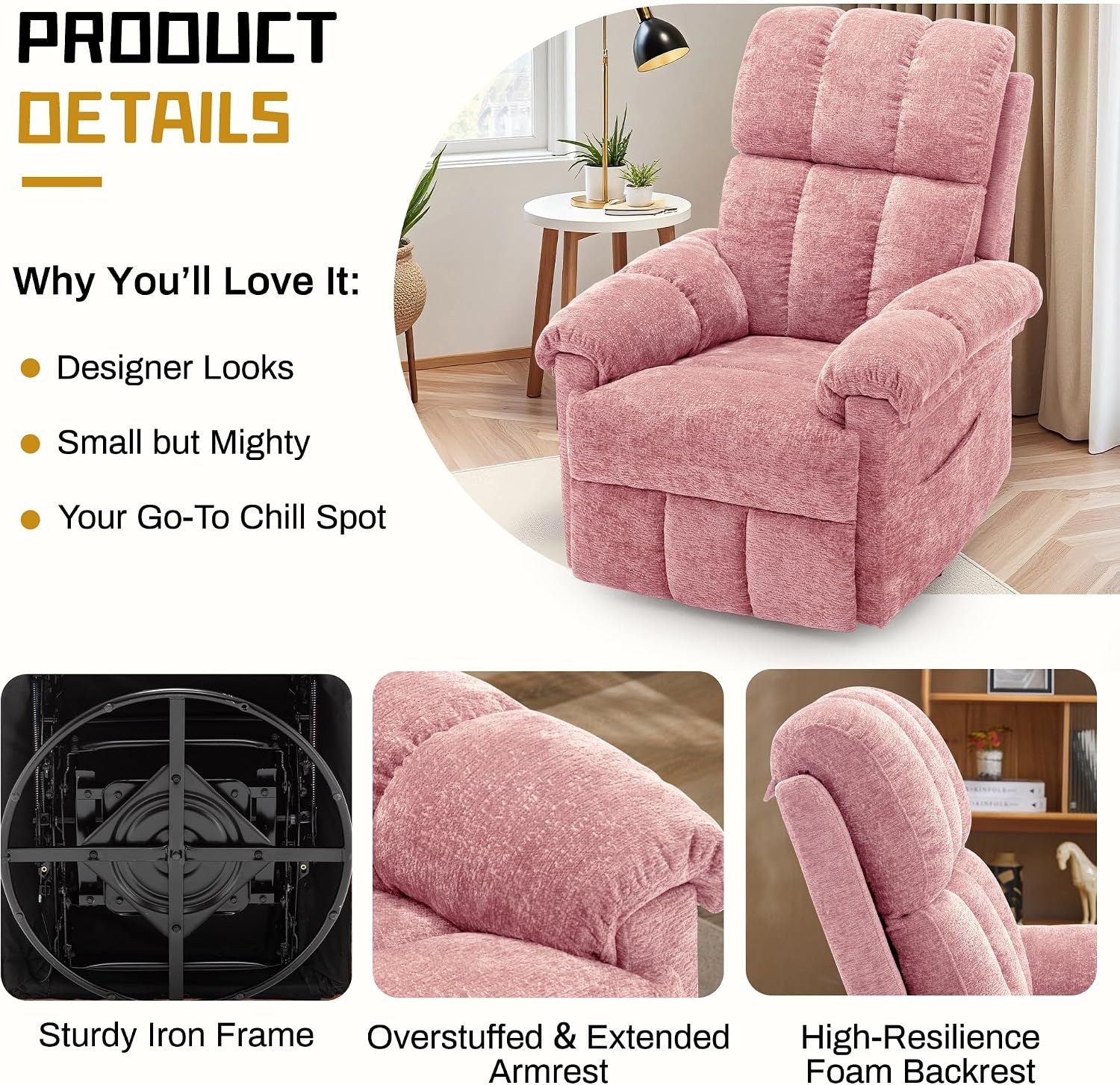 Korser Recliner Chair, Swivel Rocker Recliner Chair for Adults, Small Recliners for Small Spaces, Manual Recliner Chair with Side Pockets, Nursery Rocking Chair for Living Room, Chenille, Rose Pink
