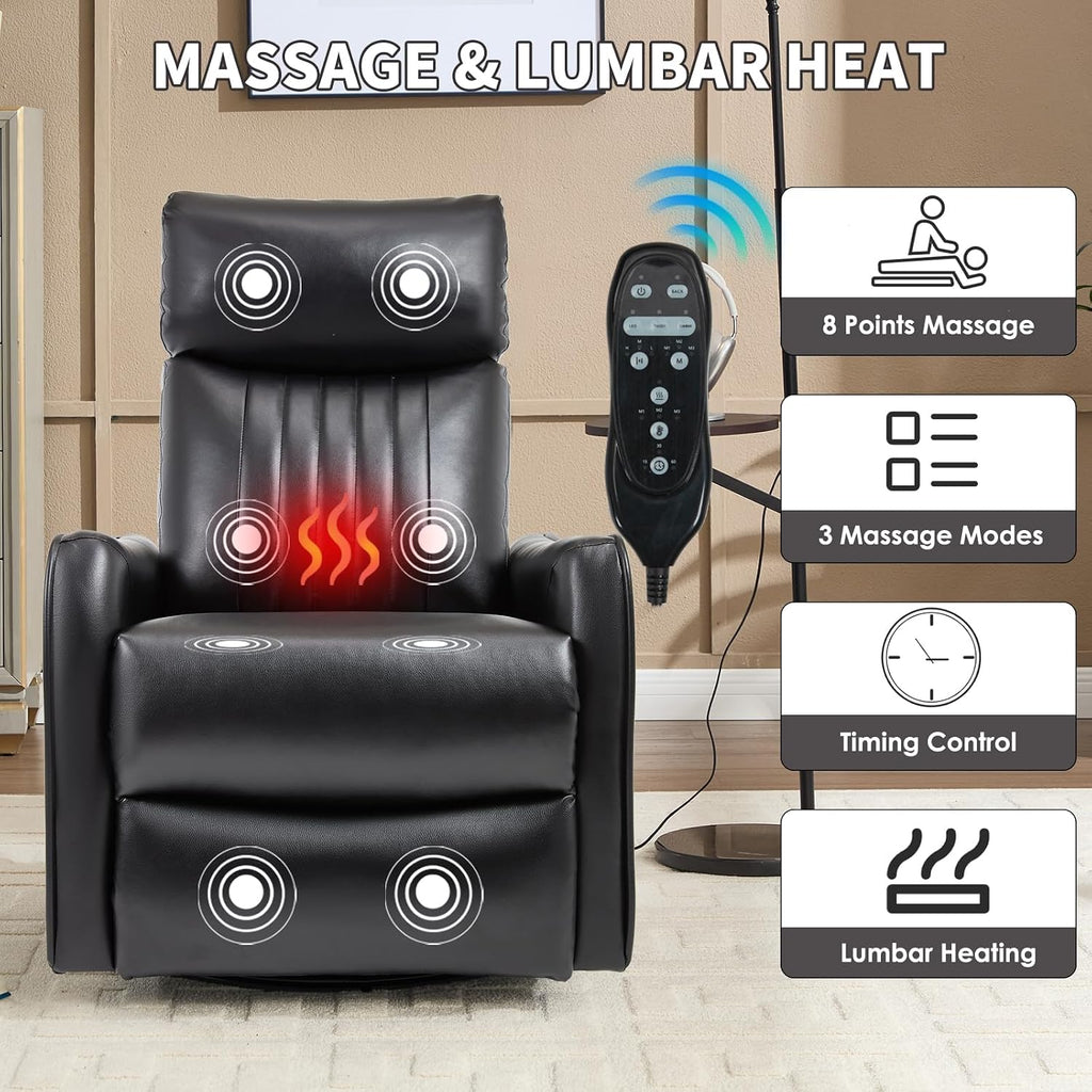 Trustyue Swivel Rocker Recliner Chair, 360° Swivel Recliner with Heat and Massage, Rocker Recliner Nursery Glider Chair with Side Pockets for Living Room (Black, Faux Leather)