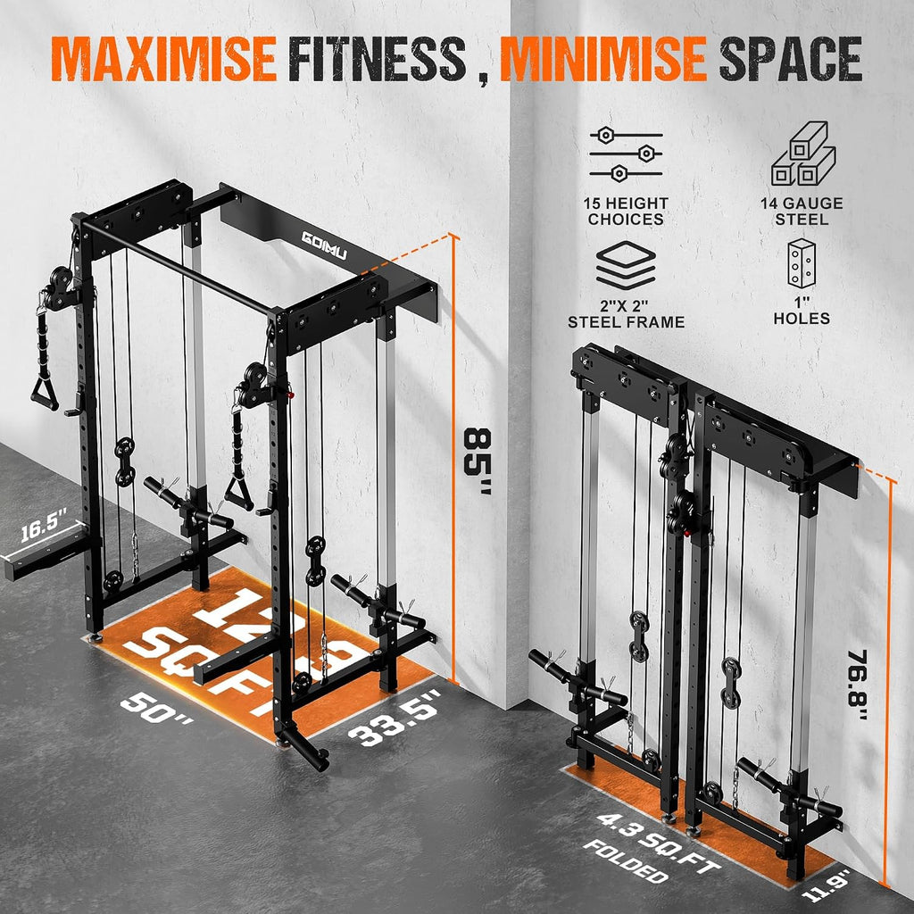 WM3-V4 Folding Squat Rack, Wall Mounted Power Rack with Dual Independent Pulley System, Functional Trainer with 5 Adjustable Function Modes for Space Saving