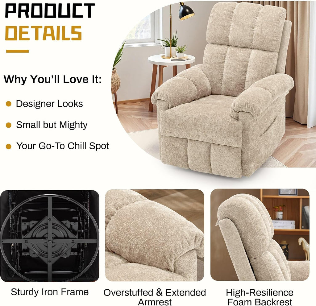 Korser Recliner Chair, Small Rocker Recliner Chair for Adults, Swivel Recliners for Small Spaces, Manual Recliner, Upholstered Nursery Rocking Chair for Living Room, Chenille, Khaki