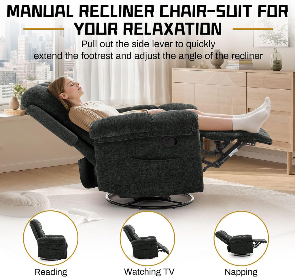 Korser Recliner Chair, Swivel Rocker Recliner Chair for Adults, Small Recliners for Small Spaces, Upholstered Manual Recliner with Side Pockets, Nursery Rocking Chair for Living Room, Chenille, Black