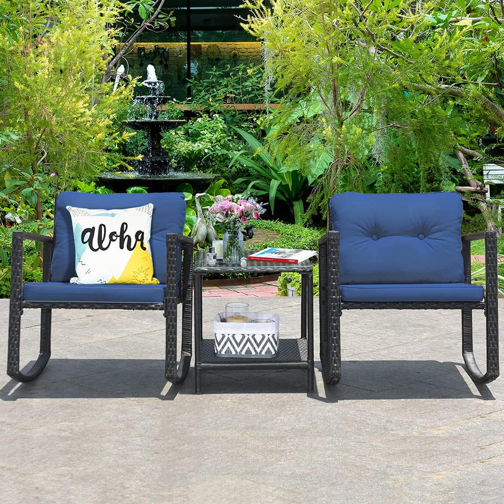 Tangkula 3 Pieces Patio Wicker Rocking Bistro Set, Outdoor Rocking Chair Furniture with Cushioned Seat, Conversation Set with Glass Coffee Table and Storage Shelf (Navy Blue)