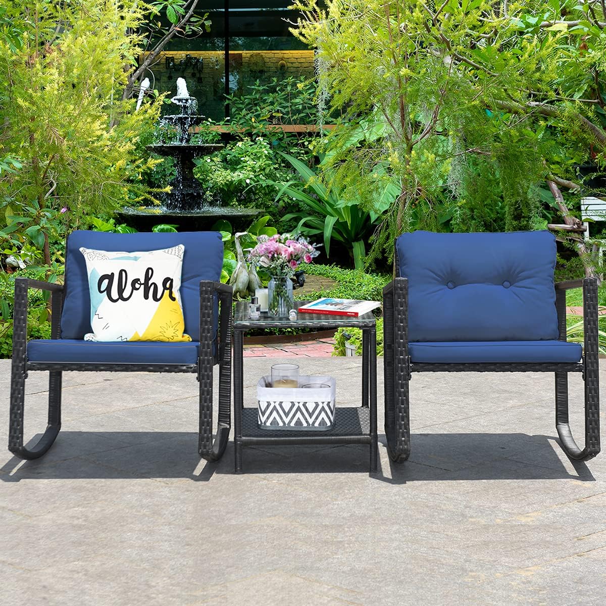 Tangkula 3 Pieces Patio Wicker Rocking Bistro Set, Outdoor Rocking Chair Furniture with Cushioned Seat, Conversation Set with Glass Coffee Table and Storage Shelf (Navy Blue)