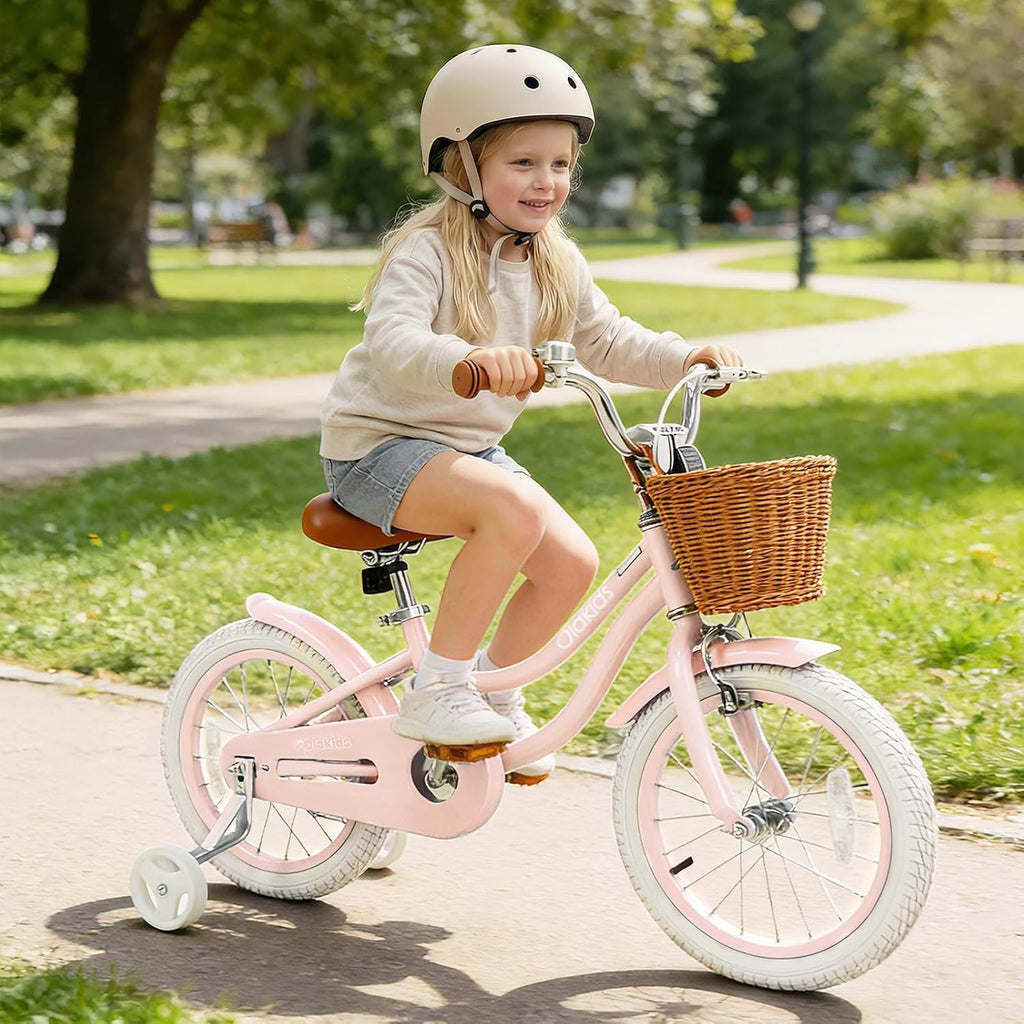 Olakids Kids Bike, 12 14 16 18 20 Inch Toddlers Bike with Training Wheels Rattan Basket Safety Bell Adjustable Seat and Handlebar, Children's Bicycle for Girls Boys