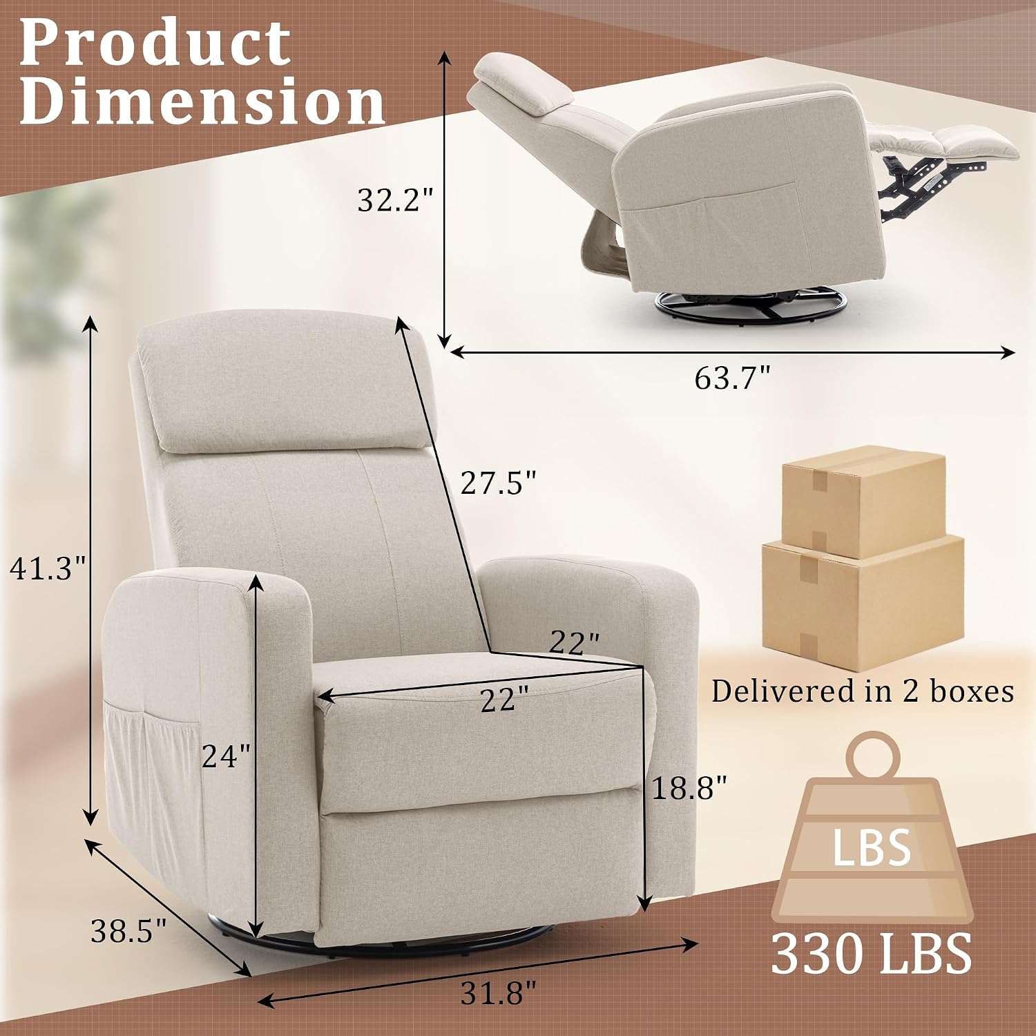 Korser Power Swivel Recliner Chairs for Adults, Electric Glider Rocking Chair Nursery, Glider Recliner Nursery Chair with Classified Side Pocket, Nursery Rocking Chairs with USB and Type-C Ports