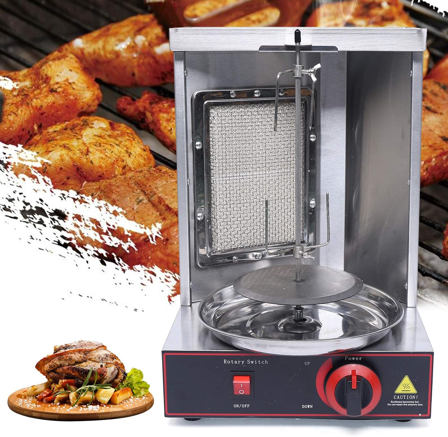 Shawarma Grill Machine Countertop Vertical Rotating Rotisserie Shawarma Machine 110V Doner Kebab Machine Meat Grill Broiler Shawarma Gyro Grilling with Meat Catch Pan for Family Restaurants Gatherings