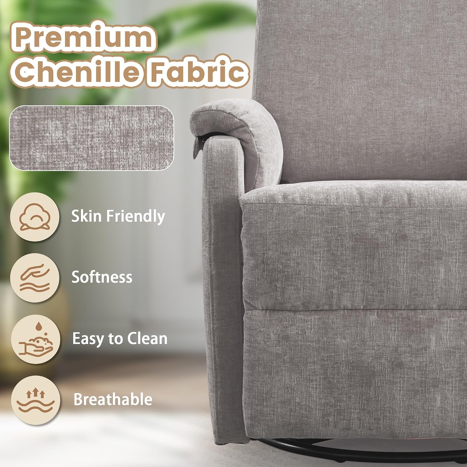Korser Recliner Chair, Swivel Rocking Recliner Chair for Adults, Glider Rocking Chair, Small Nursery Chair Recliner for Living Room, Reclining Chair with Modern-Designed Armrests, Chenille, Grey