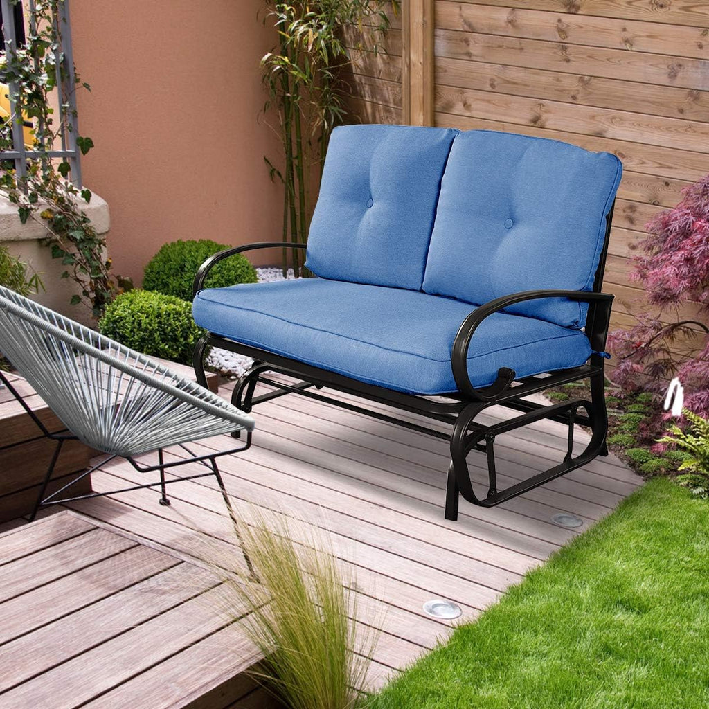 Giantex Outdoor Glider Bench, Patio 2 Person Loveseat with Removable Cushion, Padded Seat, Stable Steel Frame, Outside Glider Swing Chair for Deck, Poolside, Backyard, Balcony, Porch Glider(Navy)