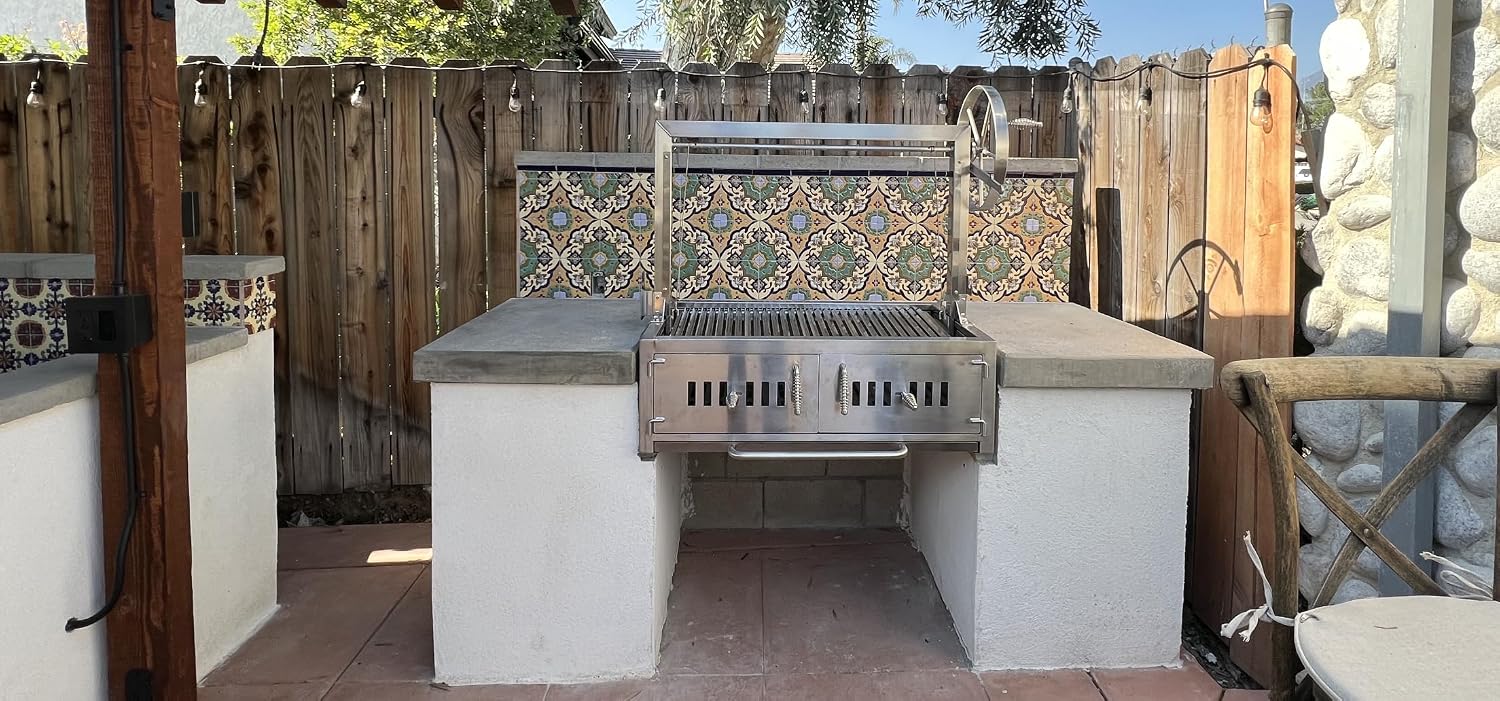 Built In/Table Top Charcoal Outdoor BBQ, Stainless Steel #430 Body and #304 Grates, Rotisserie Parrilla Santa Maria/Argentine Grill Spit