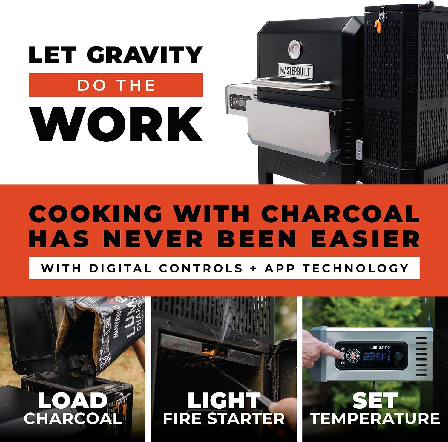 Masterbuilt® Gravity Series® 800 Smoker Grill - Charcoal Grill plus Griddle Insert, Digital Control, App Connectivity, 800 Cooking Square Inches in Black, Model MB20040221