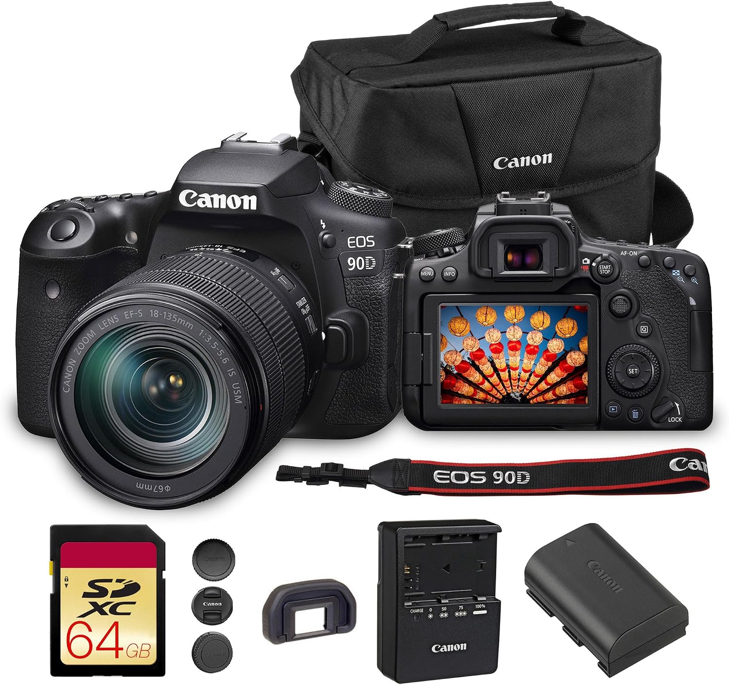 Canon EOS 90D DSLR Camera with 18-135mm Lens | 32.5MP APS-C Sensor, Dual Pixel AF & 4K Video | Ideal for Wildlife, Sports & Travel Photography (3616C016) + Canon EOS 200ES Shoulder Bag + 64GB Card